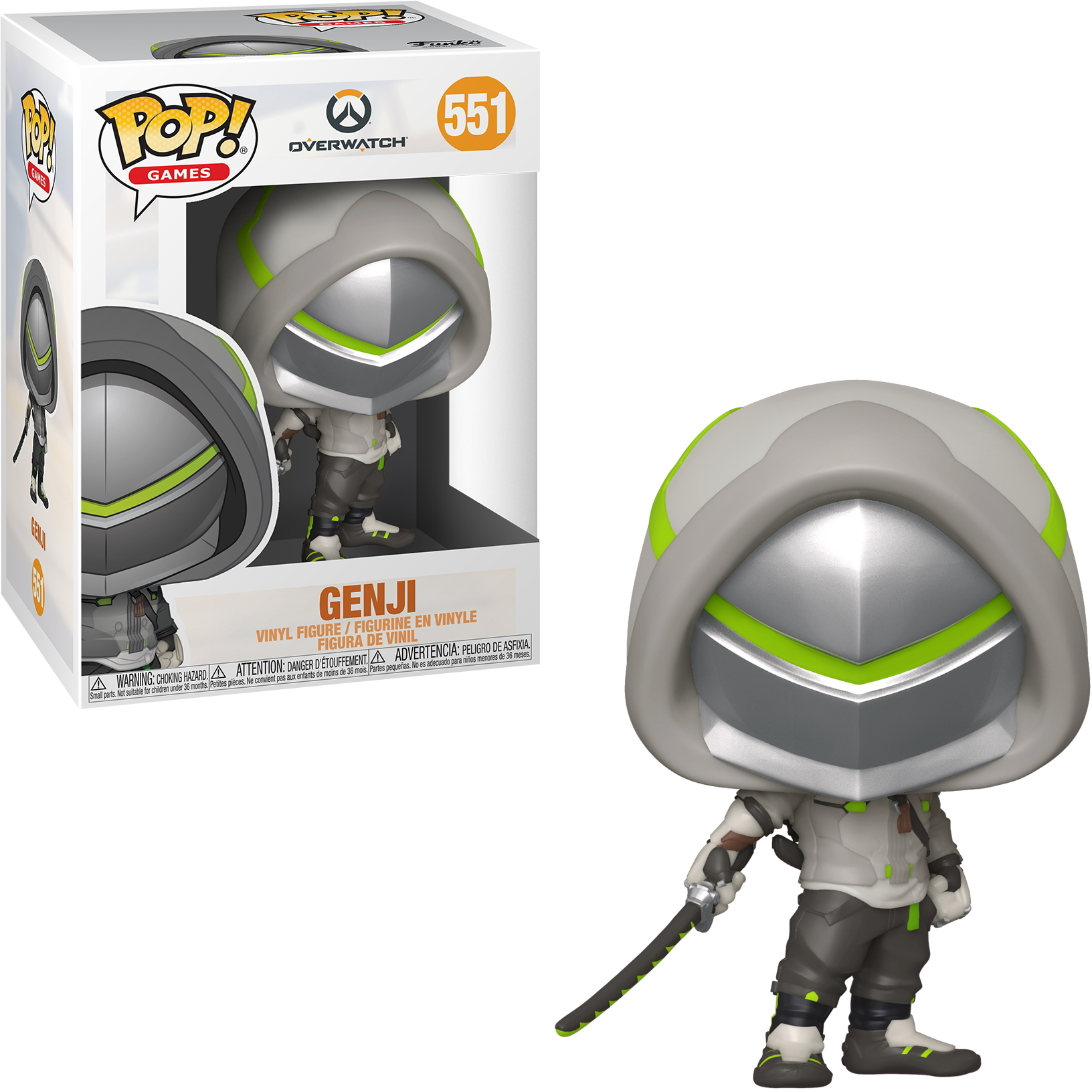 Figurka Genji z Overwatch w pudełku Pop! Games i samodzielna figurka, z mieczem.
