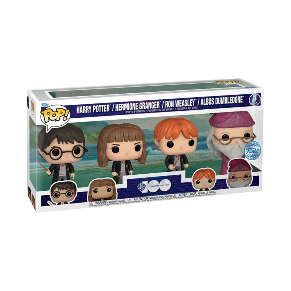 Figuras Funko Pop de personajes de Harry Potter en una caja.