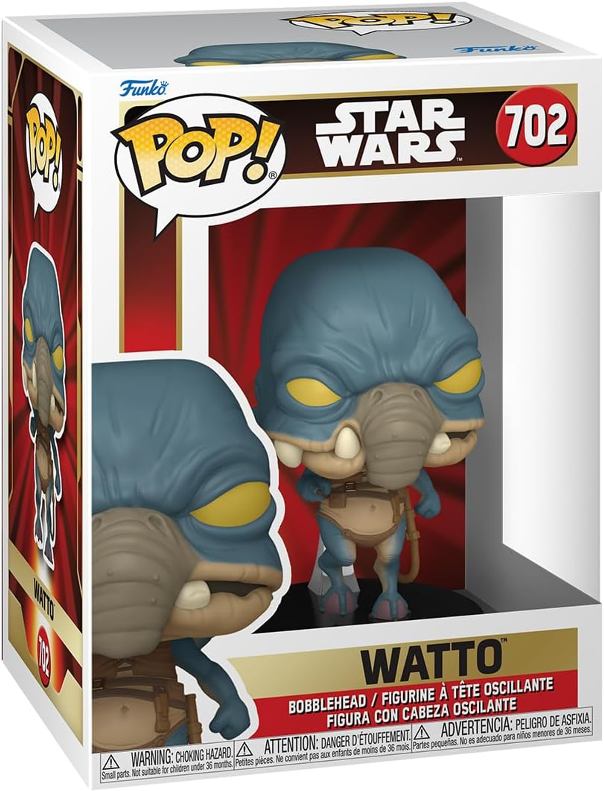 Figurka Funko Pop! Watto w pudełku, niebieska skóra, duży nos i brązowy strój.