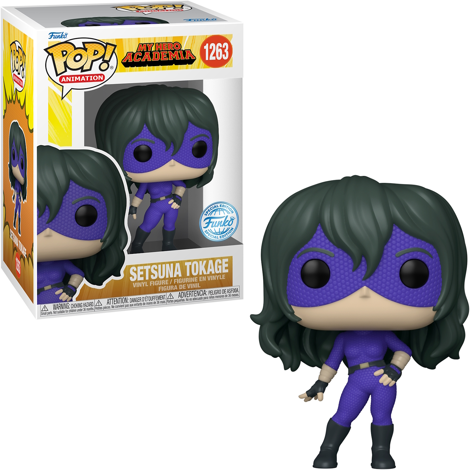 Funko Pop de My Hero Academia de Setsuna Tokage con traje morado.