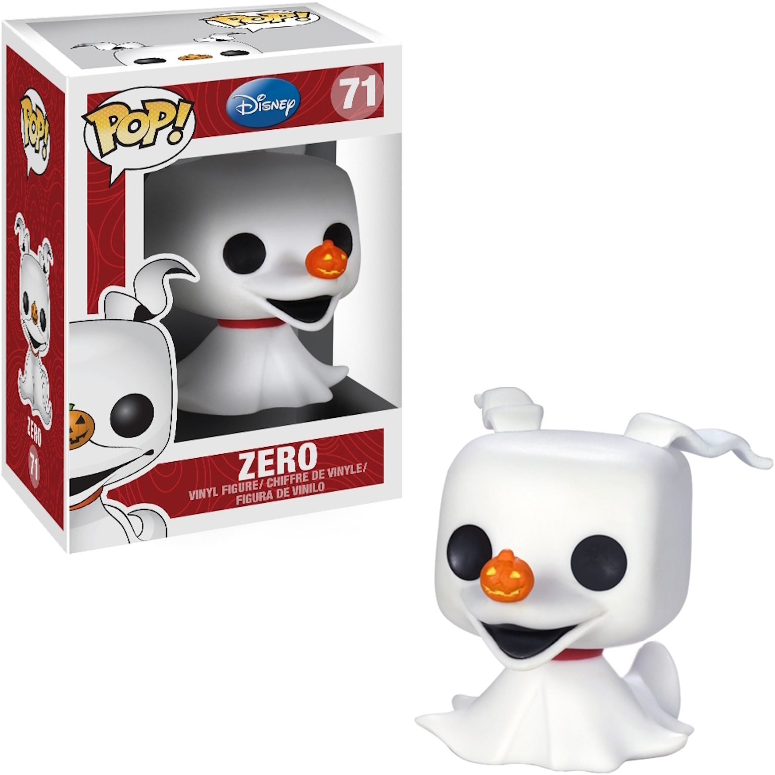 Figura di Zero dentro e fuori scatola. Cane fantasma bianco con naso a zucca. Scatola rossa e bianca.