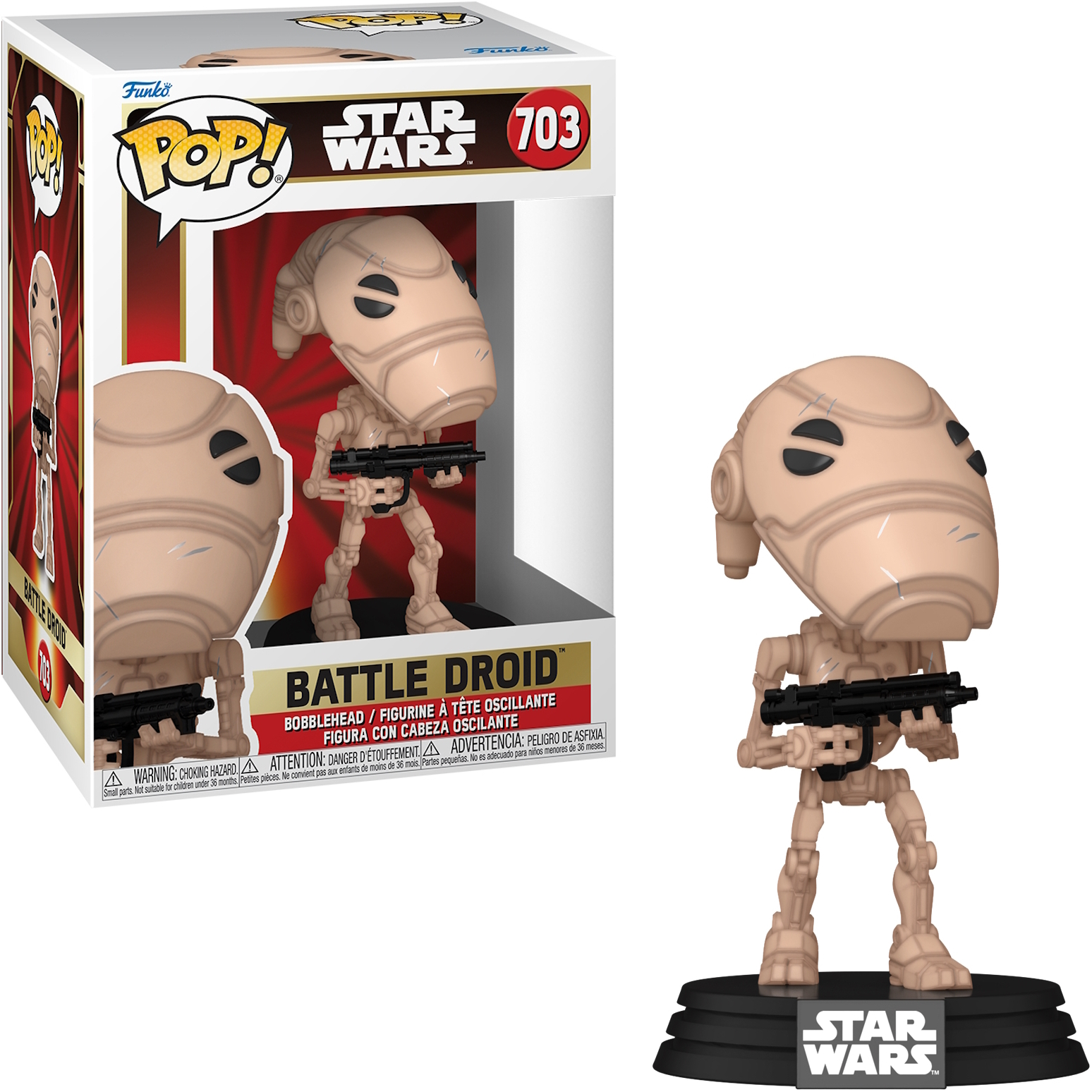Figurka Funko Pop Battle Droid z pudełkiem, trzymająca broń.