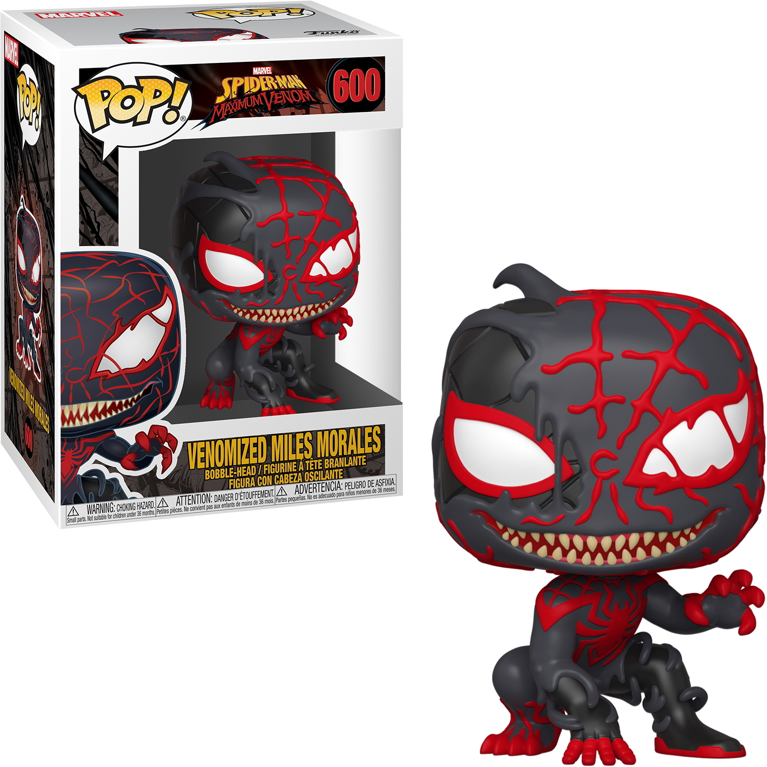 Figurka Funko Pop Venomized Miles Morales w pudełku i poza nim. Jest czarny i czerwony.