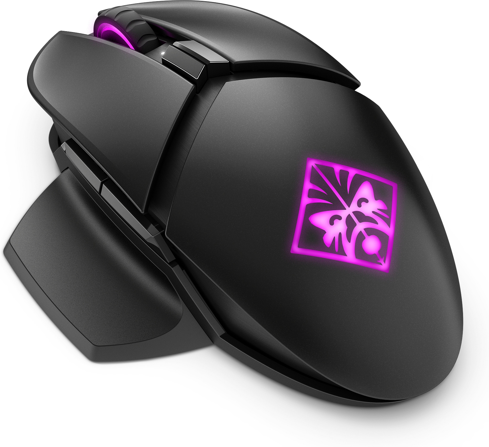 Schwarze Gaming-Maus mit pinkfarbenem Logo, Tasten und Scrollrad.