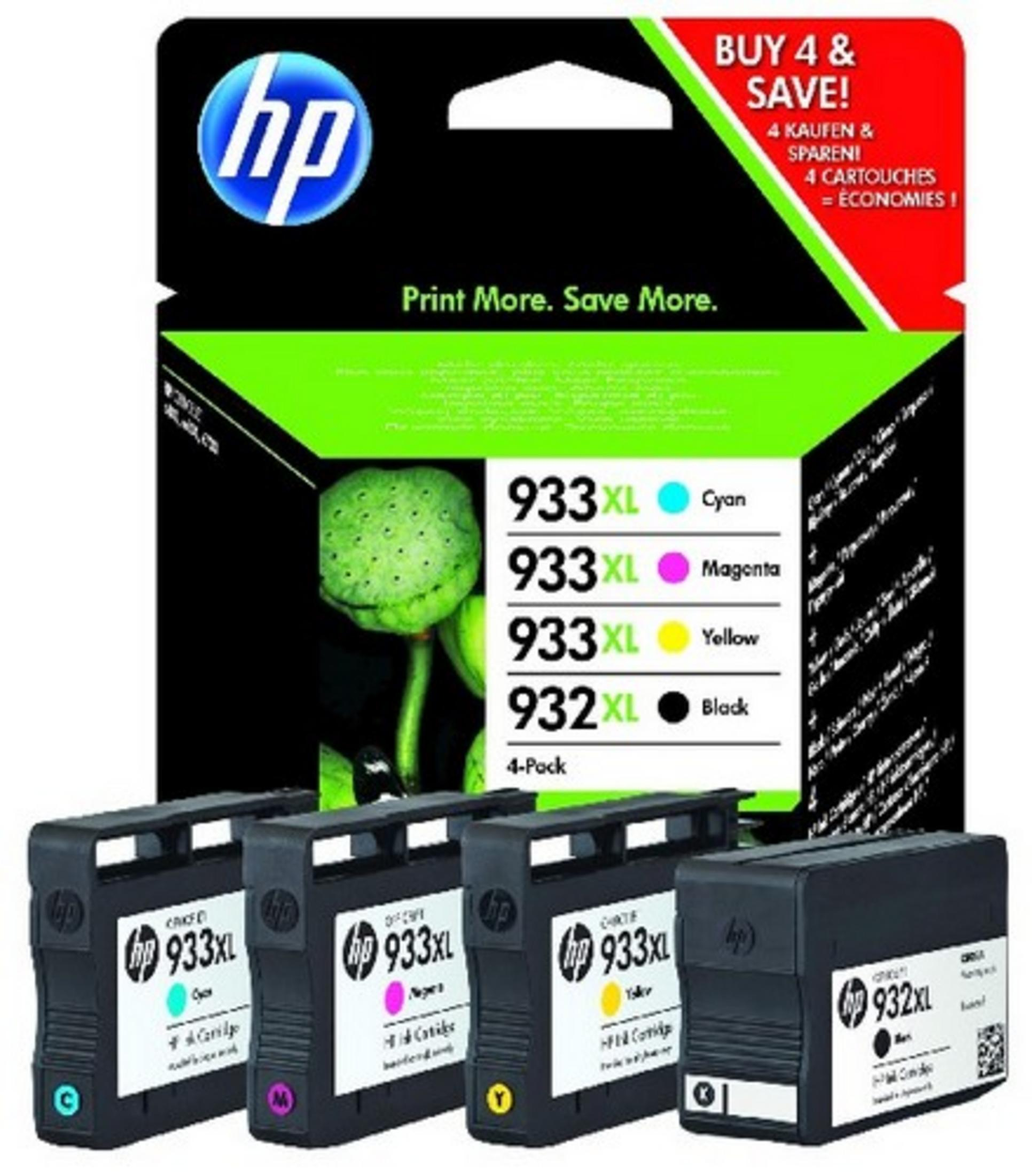 HP Druckerpatronen 933XL Cyan, Magenta, Gelb und 932XL Schwarz im 4er-Pack.