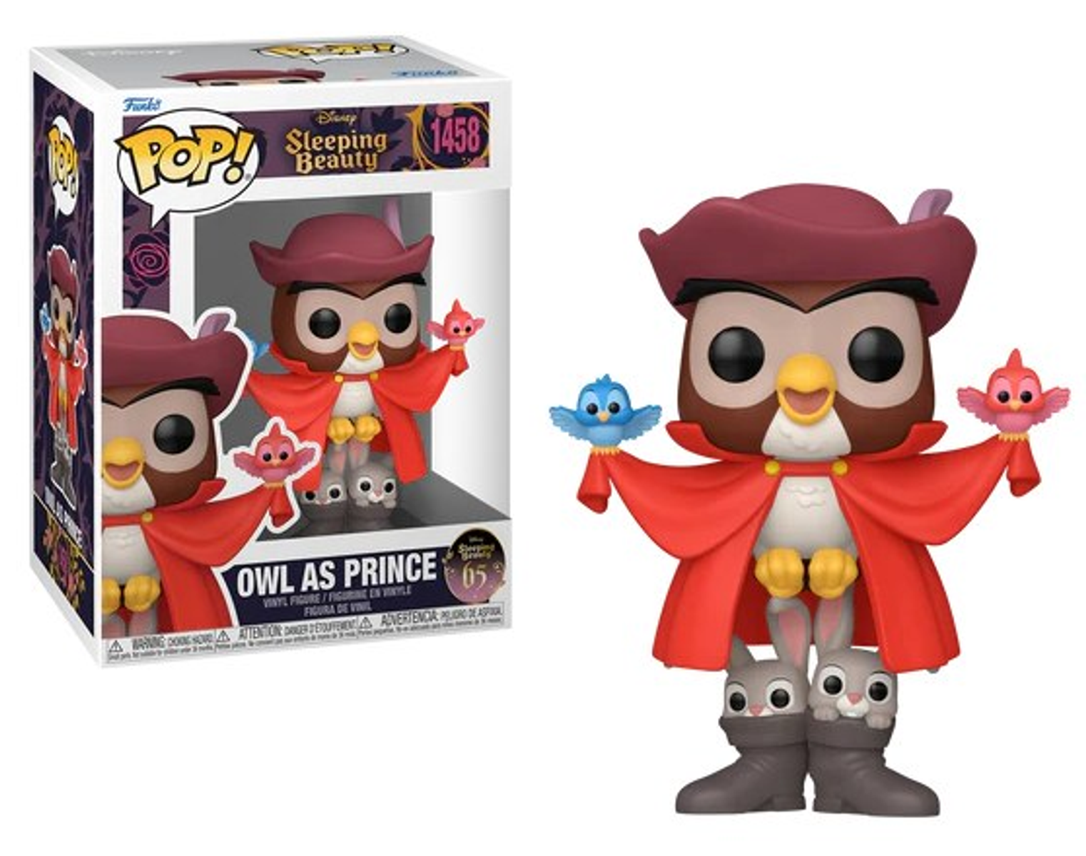 Figura de búho como Príncipe, con capa y sombrero rojos, con pájaros, en caja.