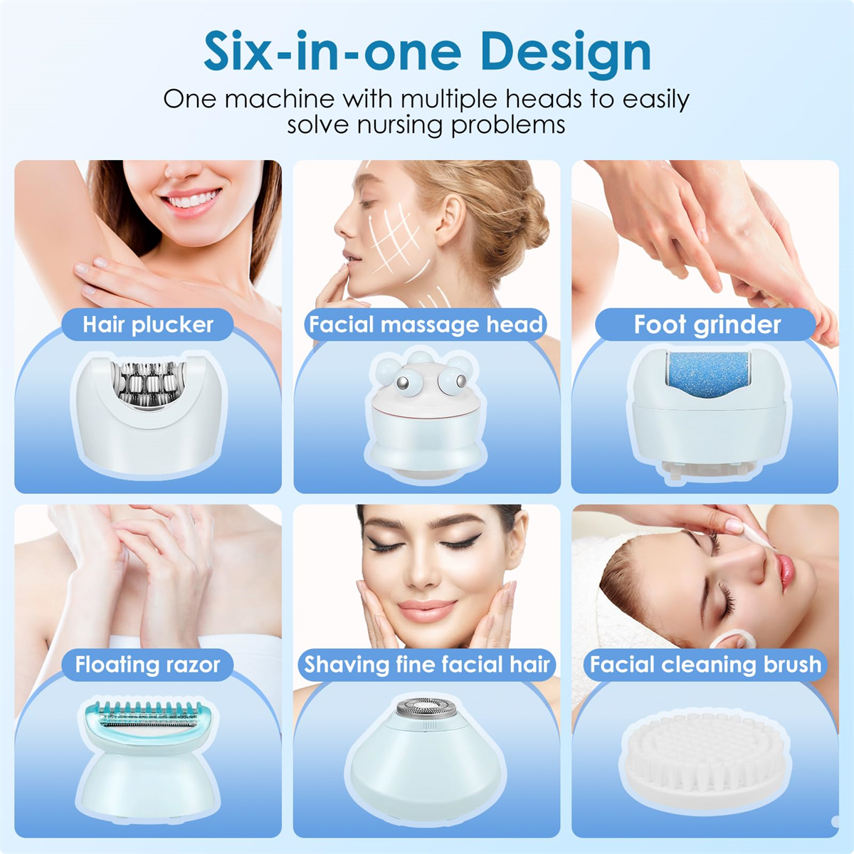 Ein 6-in-1 Schönheitsgerät mit Aufsätzen für Haarentfernung, Gesichtsmassage, Fußschleifen und Rasieren.
