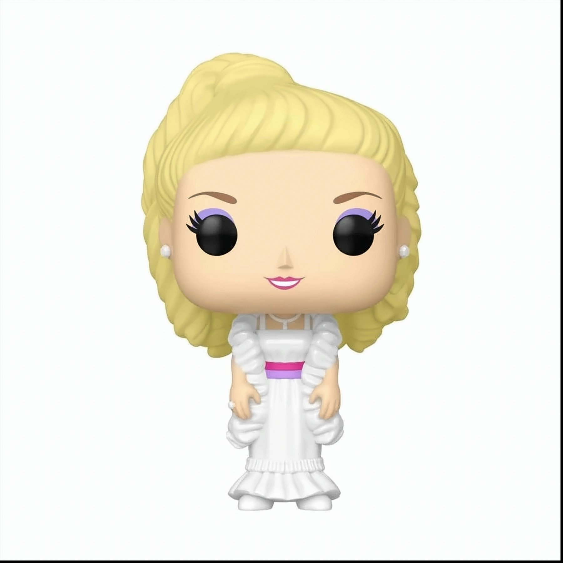 Una figura Funko Pop di una donna con capelli biondi, vestito bianco e perle.