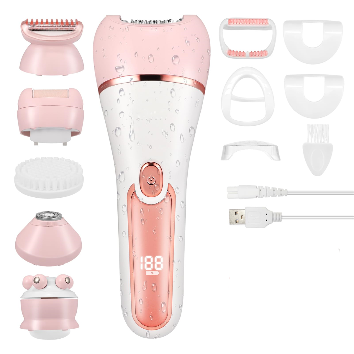 Elektrorasierer-Set mit Zubehör. Rosa und weiße Farben.