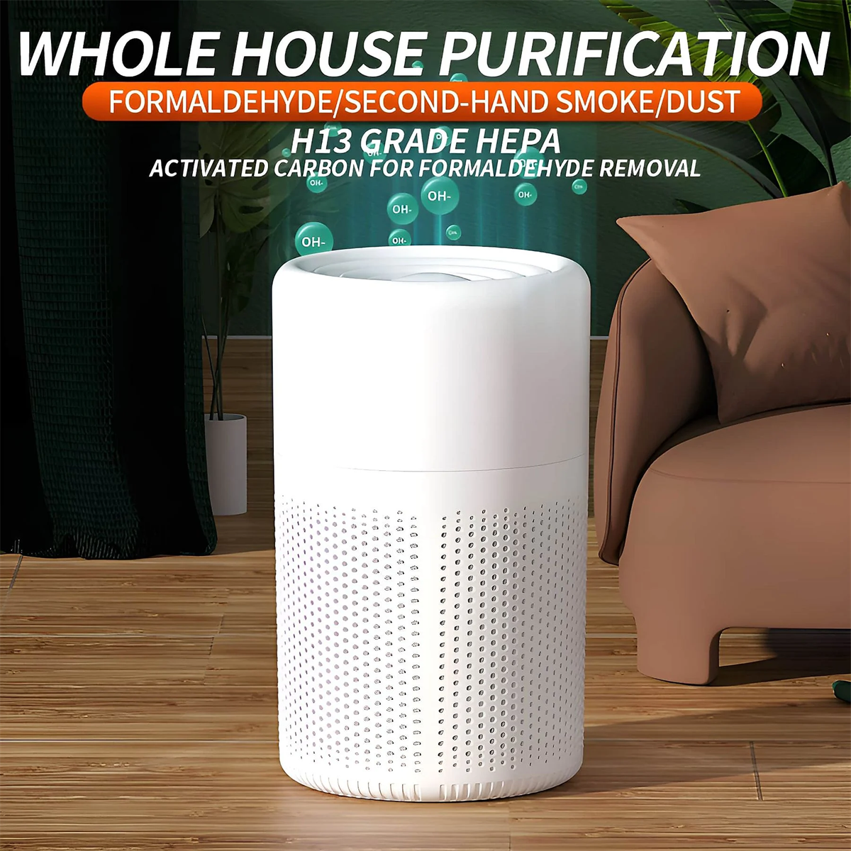 Weißer Luftreiniger mit dem Text 'WHOLE HOUSE PURIFICATION' und weiteren Informationen auf der Vorderseite.