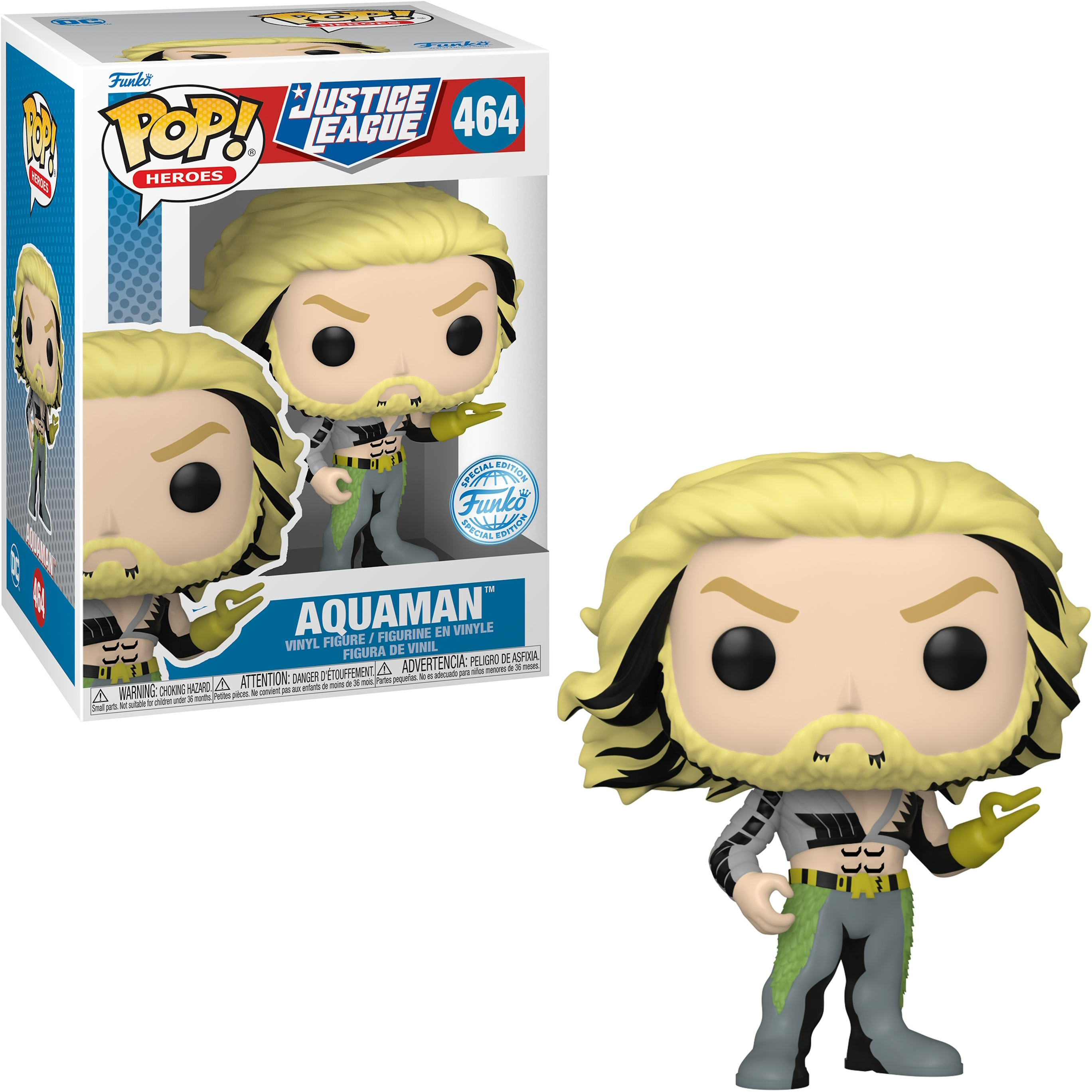 Figura de Aquaman con pelo rubio y barba, en una caja. Diseño de caja blanco y azul.