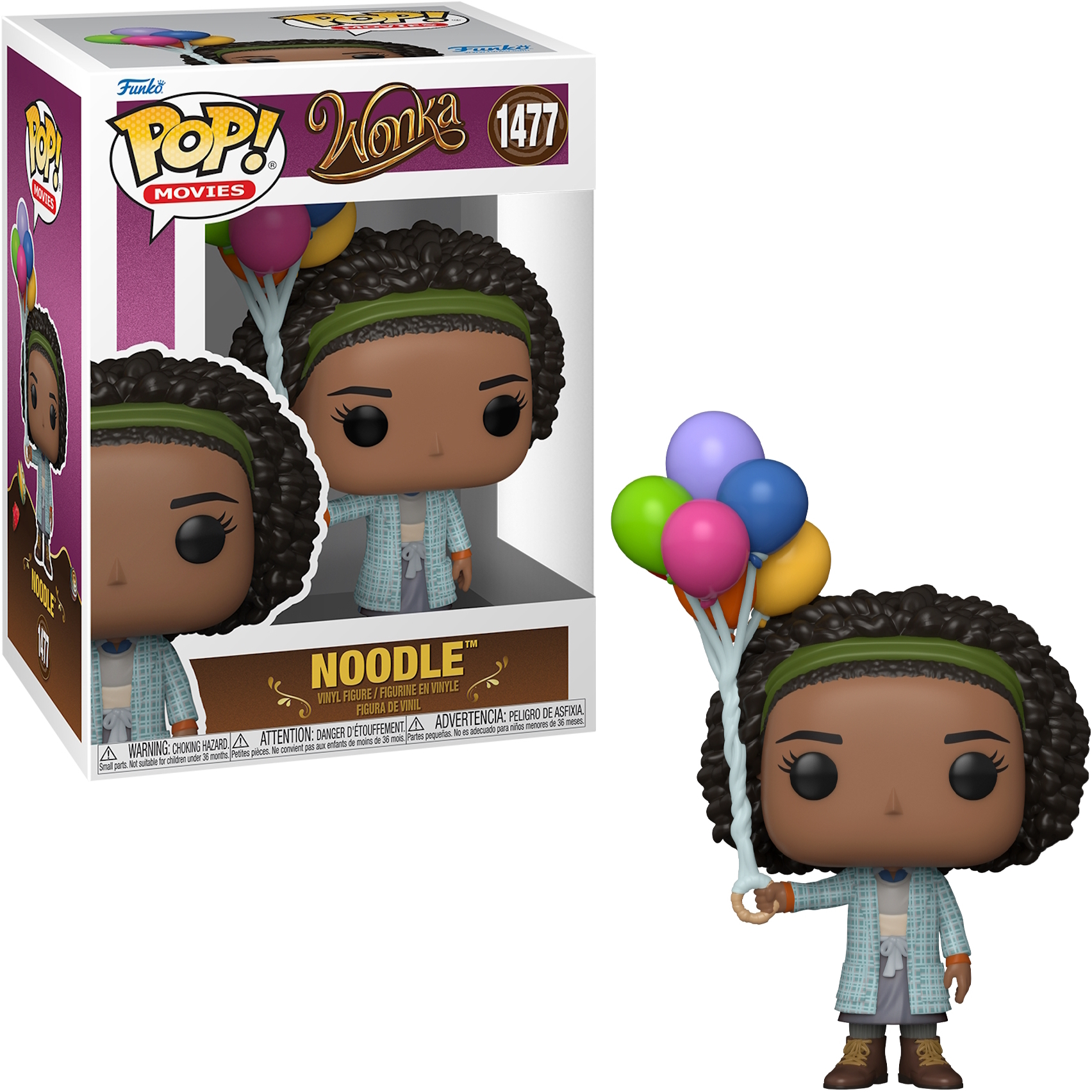 Pudełko i figurka Funko Pop kobiety trzymającej balony. Pudełko z napisem "Noodle".