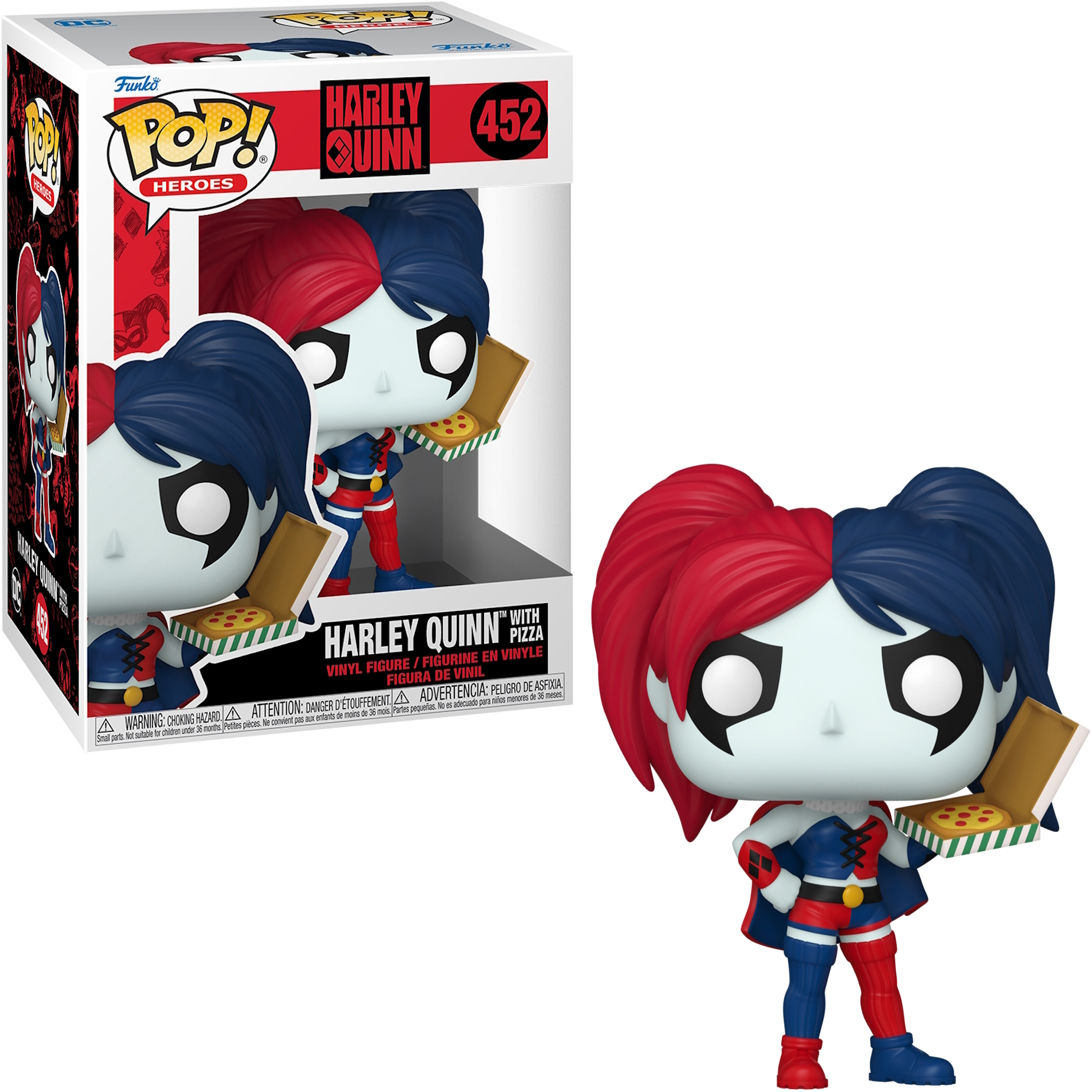 Harley Quinn Funko Pop avec pizza. Cheveux rouge/bleu, peau blanche, porte un costume.