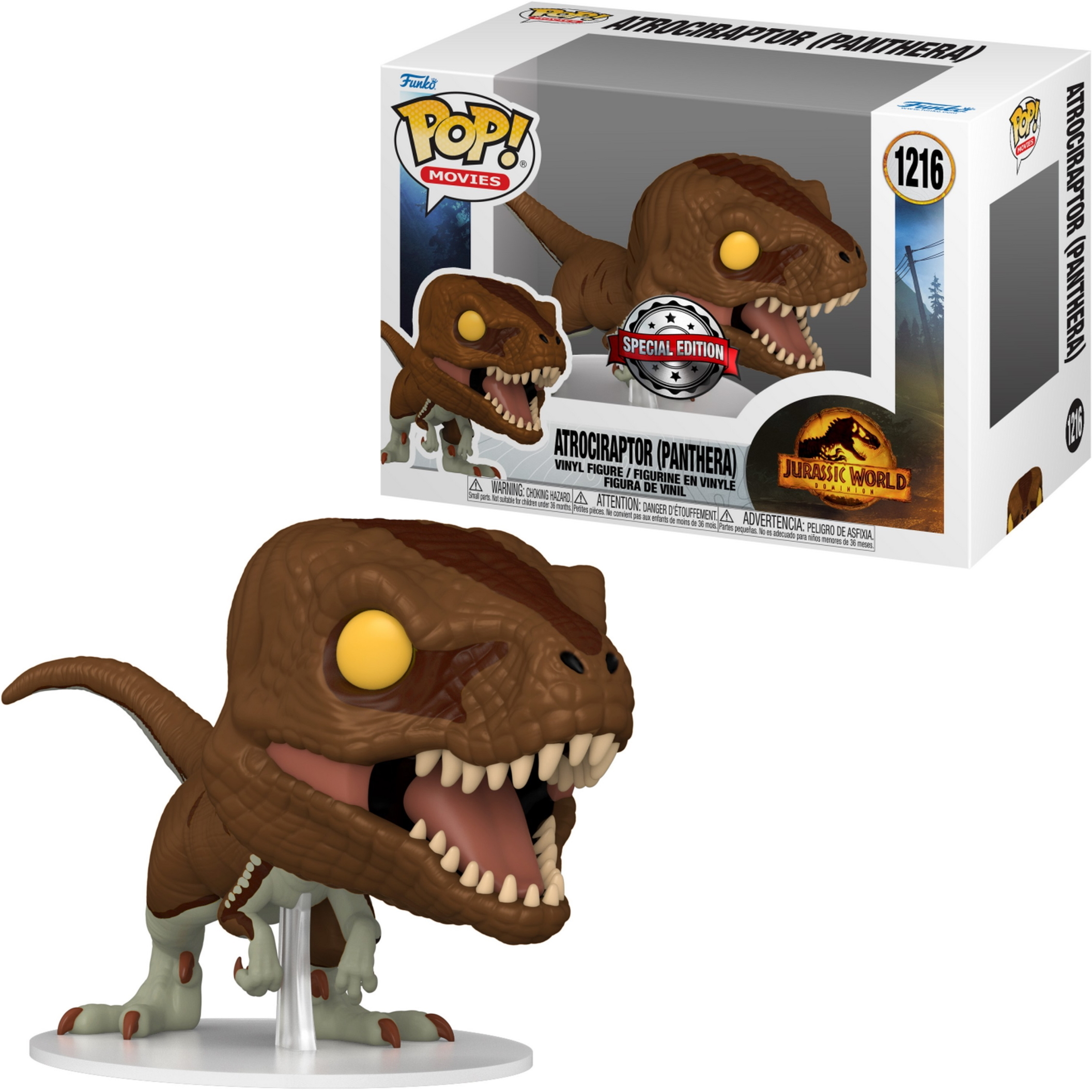 Un Funko Pop de una figura de dinosaurio Atrociraptor marrón de Jurassic World, con una caja.