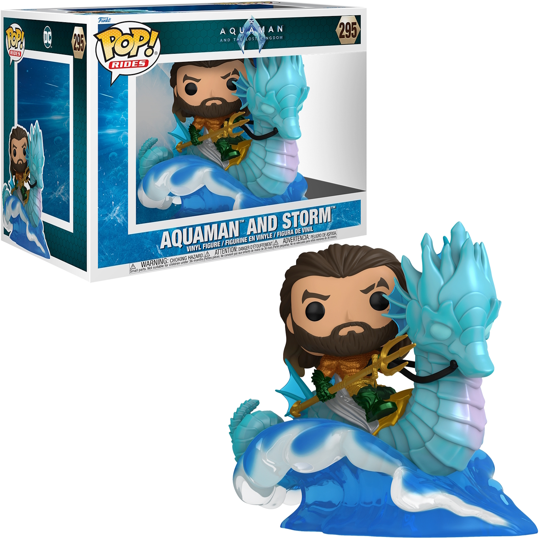 Scatola e statuetta Funko Pop di Aquaman che cavalca un cavalluccio marino. La scatola è etichettata "Aquaman and Storm".
