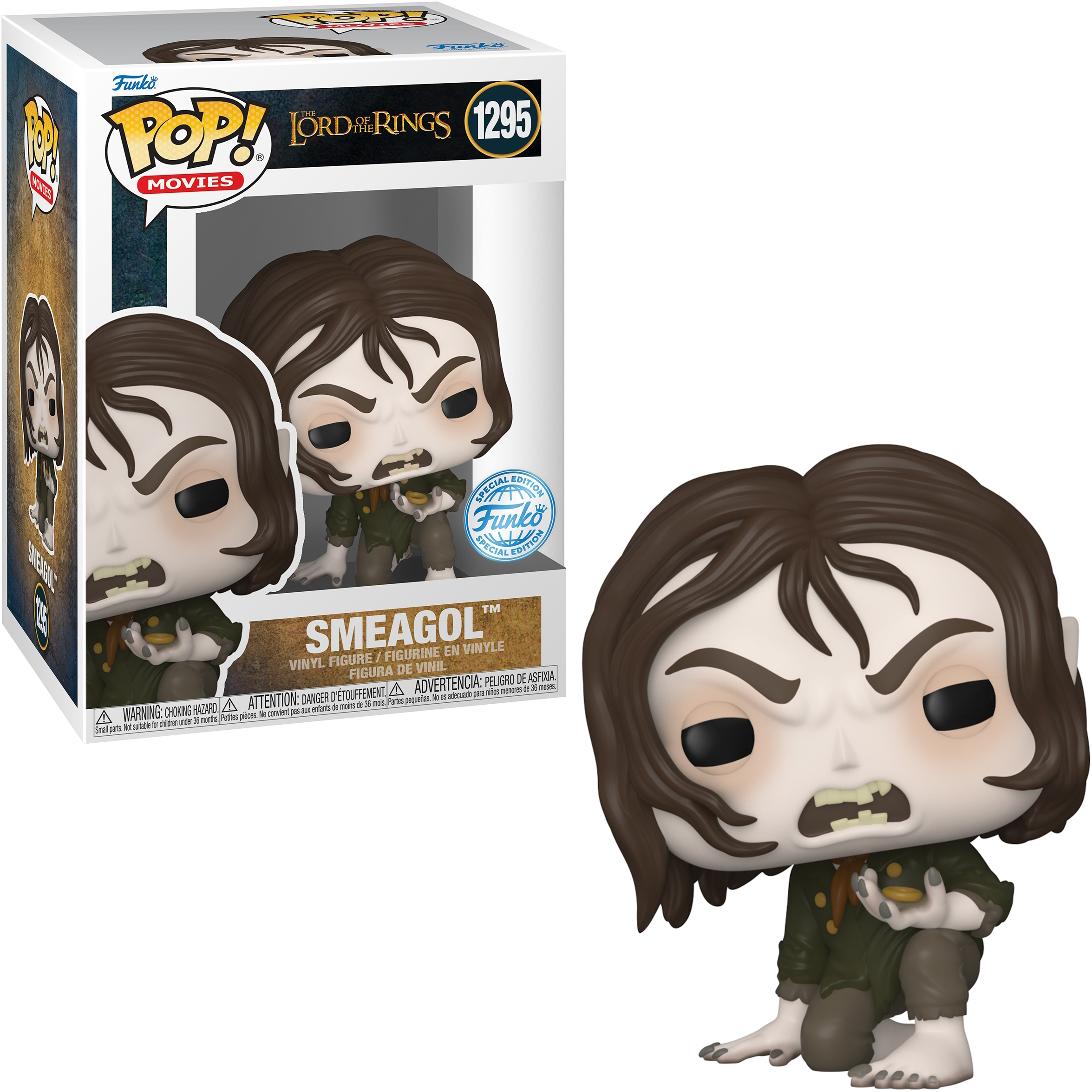 Figurka Smeagola z szarą skórą i brązowymi włosami, trzymająca monetę. Białe tło.