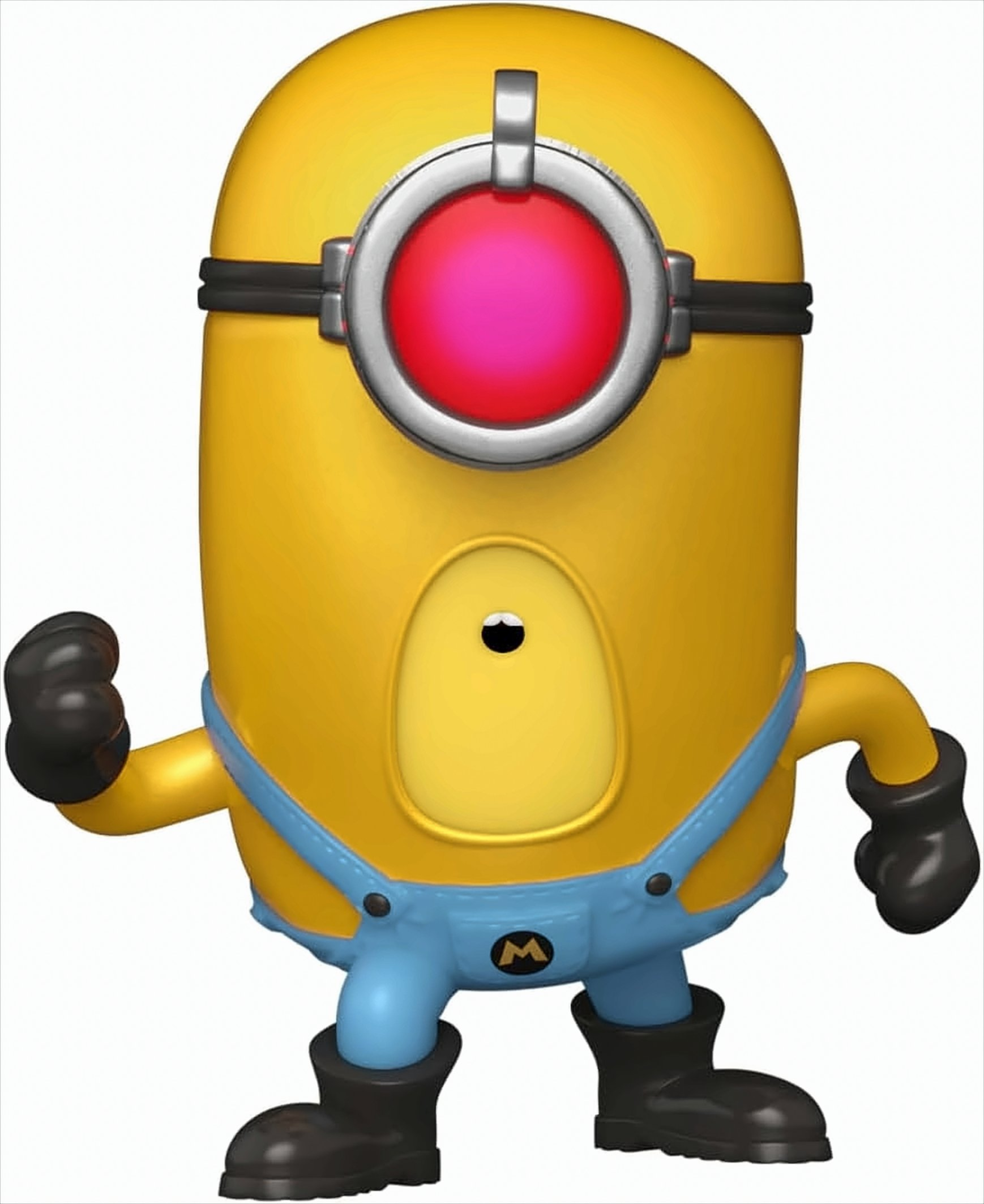 Figura amarilla de Minion con gafas, guantes y botas negras, peto azul. Fondo blanco.