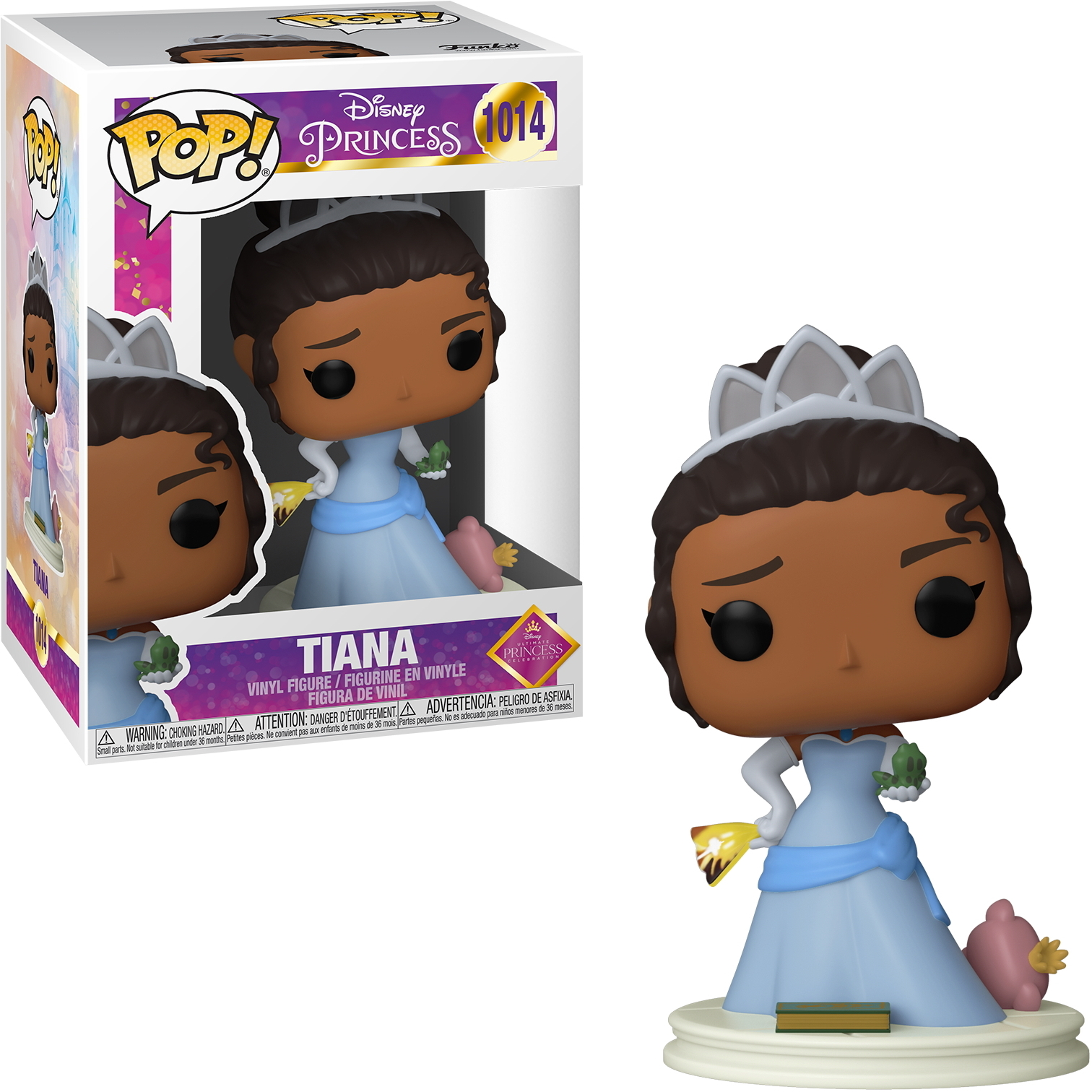 Eine Disney Prinzessin Tiana Figur in einer Box und die Figur, die auf einem Sockel steht.