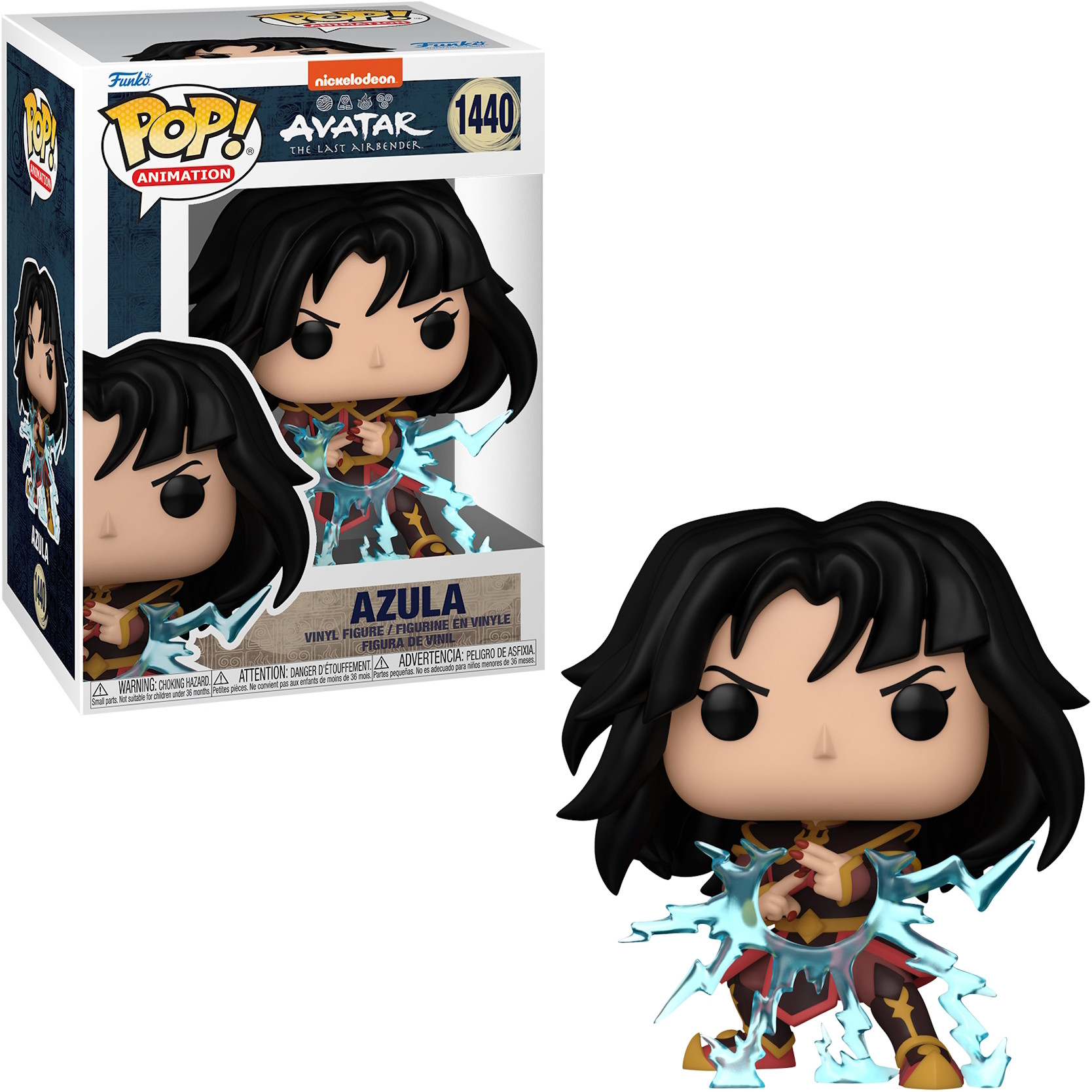Figurka Funko Pop Azuli w pudełku. Trzyma niebieską błyskawicę. Na pudełku napis 'Avatar The Last Airbender'.