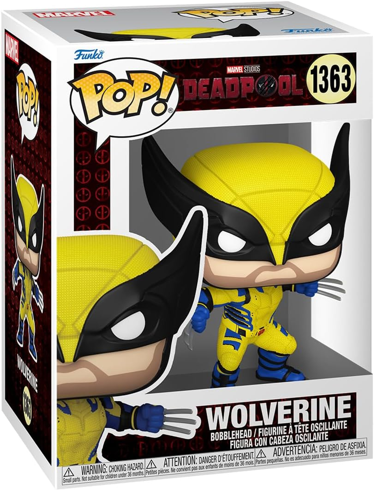 Figura Funko Pop de Wolverine en caja. Traje amarillo y negro. La caja muestra la figura y el nombre.