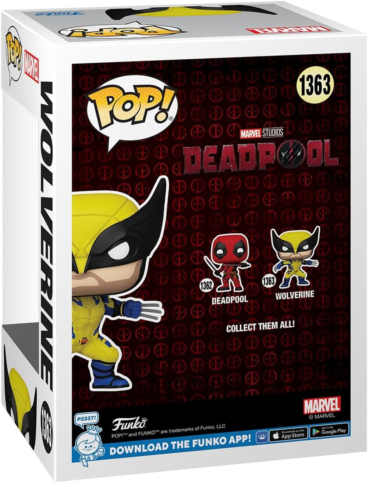 Caja Funko Pop de Deadpool Wolverine, mostrando la figura de Wolverine y texto, fondo rojo con logos.
