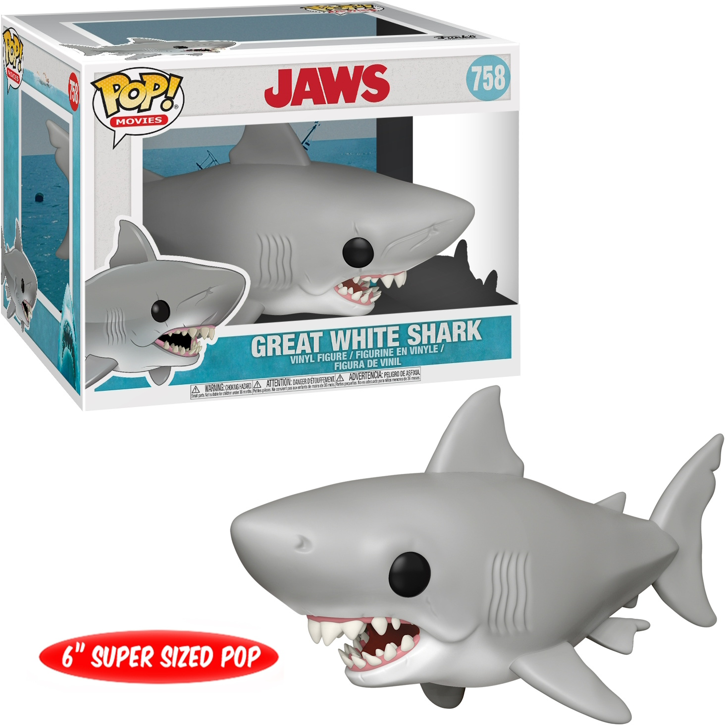 Figurka Funko Pop Great White Shark z Szczęk, w pudełku ze zdjęciem rekina.