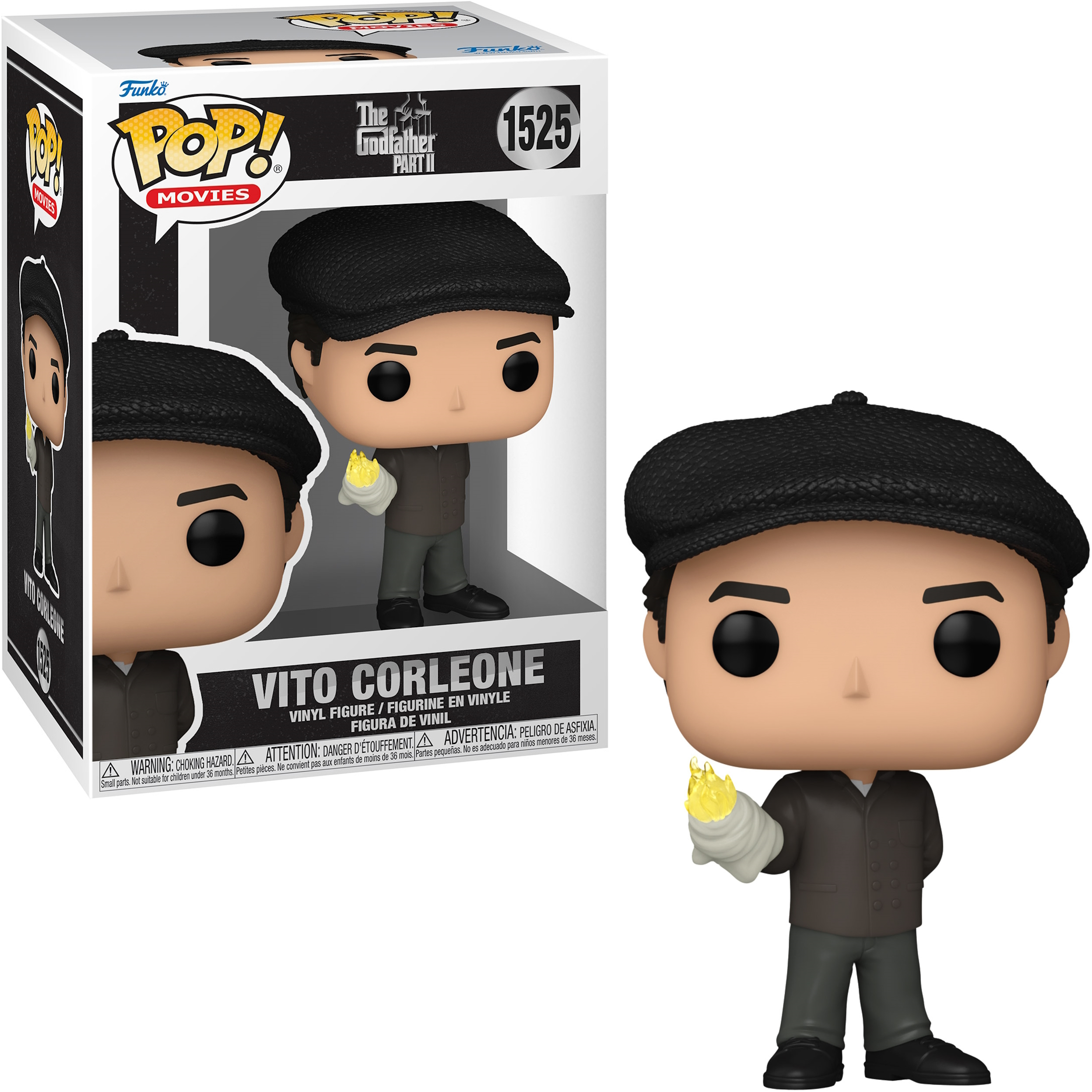 Figura Funko Pop! di Vito Corleone con candela, in scatola con dettagli grafici.