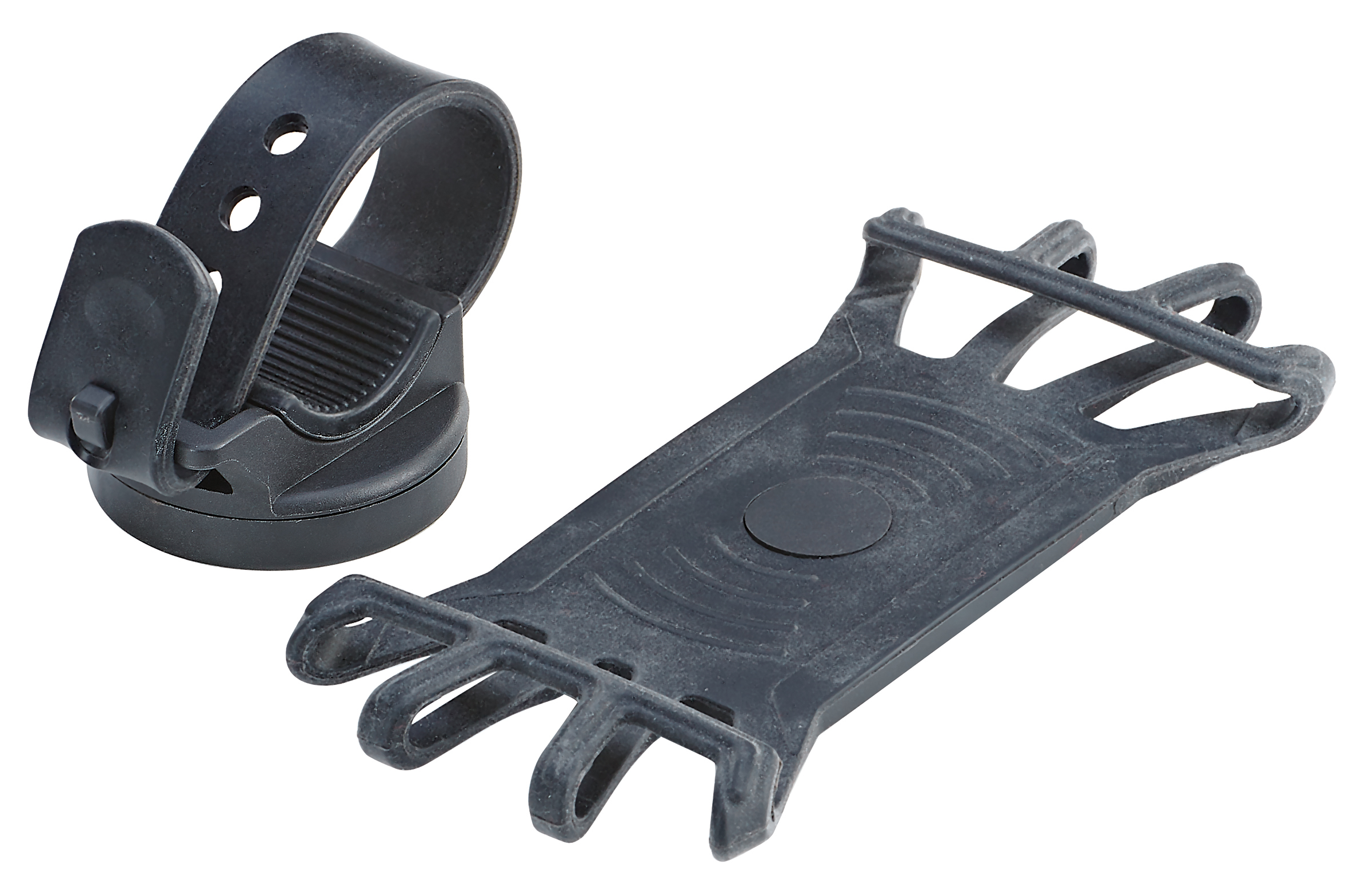 Schwarze Telefonhalterung und -halter für Fahrräder. Weißer Hintergrund.