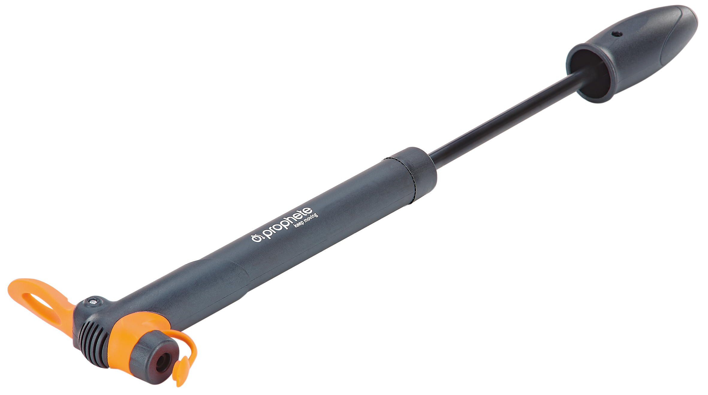 Eine schwarz-graue Fahrradpumpe mit orangen Details, die diagonal auf einer weißen Oberfläche liegt.