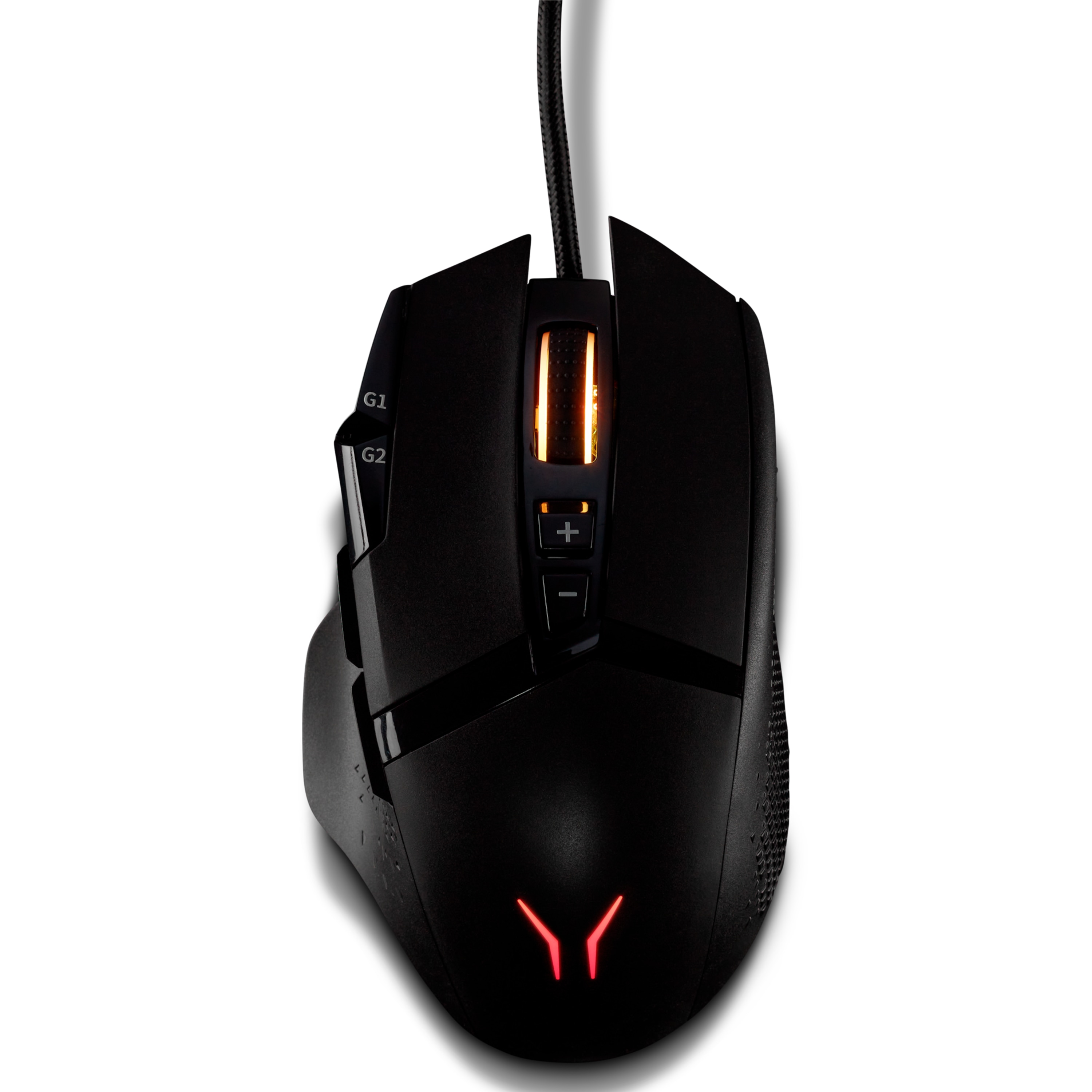 Un ratón para juegos negro con cable, botones y un logotipo rojo sobre un fondo blanco.