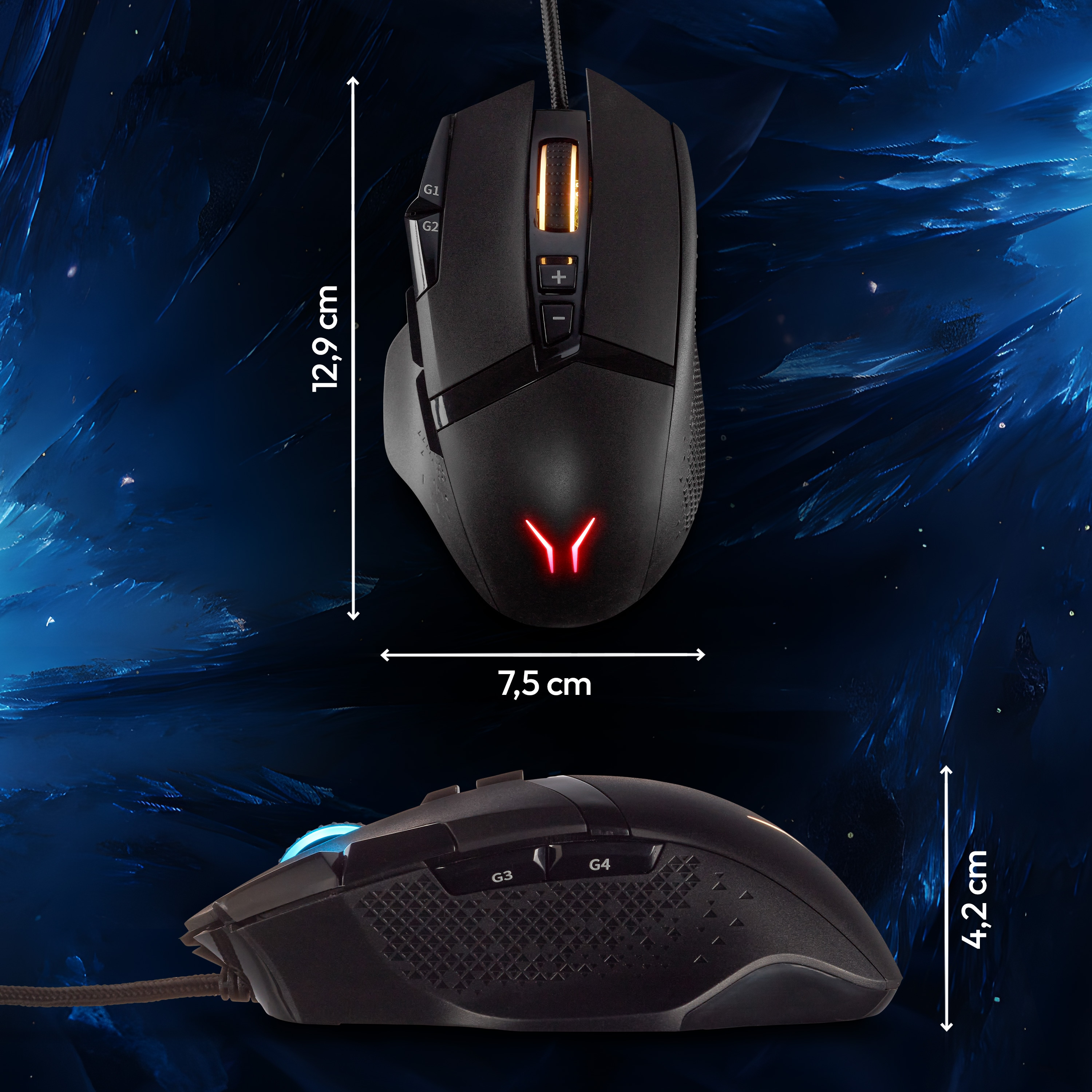 Ratón gaming negro con medidas de largo y ancho, y botones laterales, sobre fondo azul.