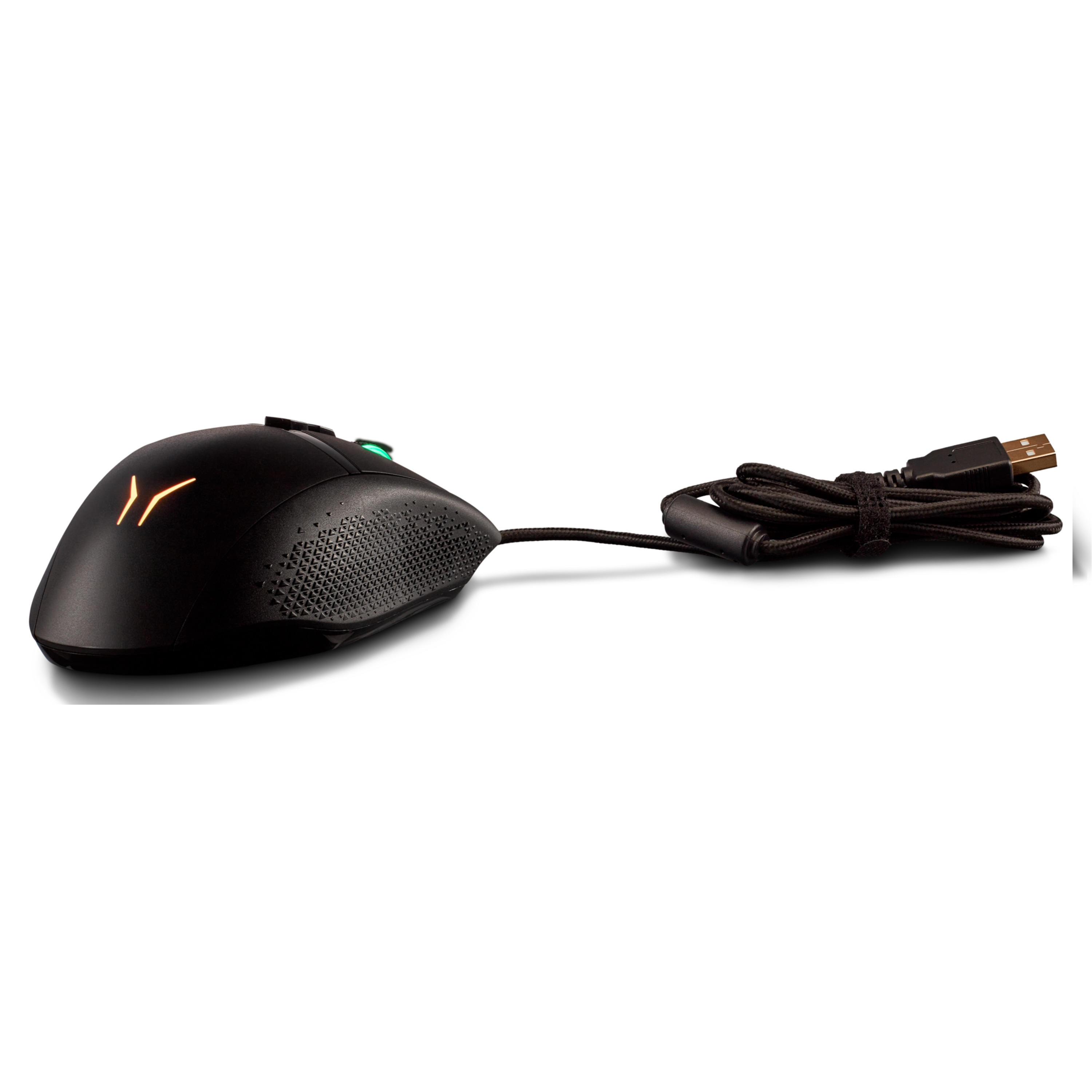 Ratón gaming negro con cable. Tiene luces naranjas y un agarre texturizado.