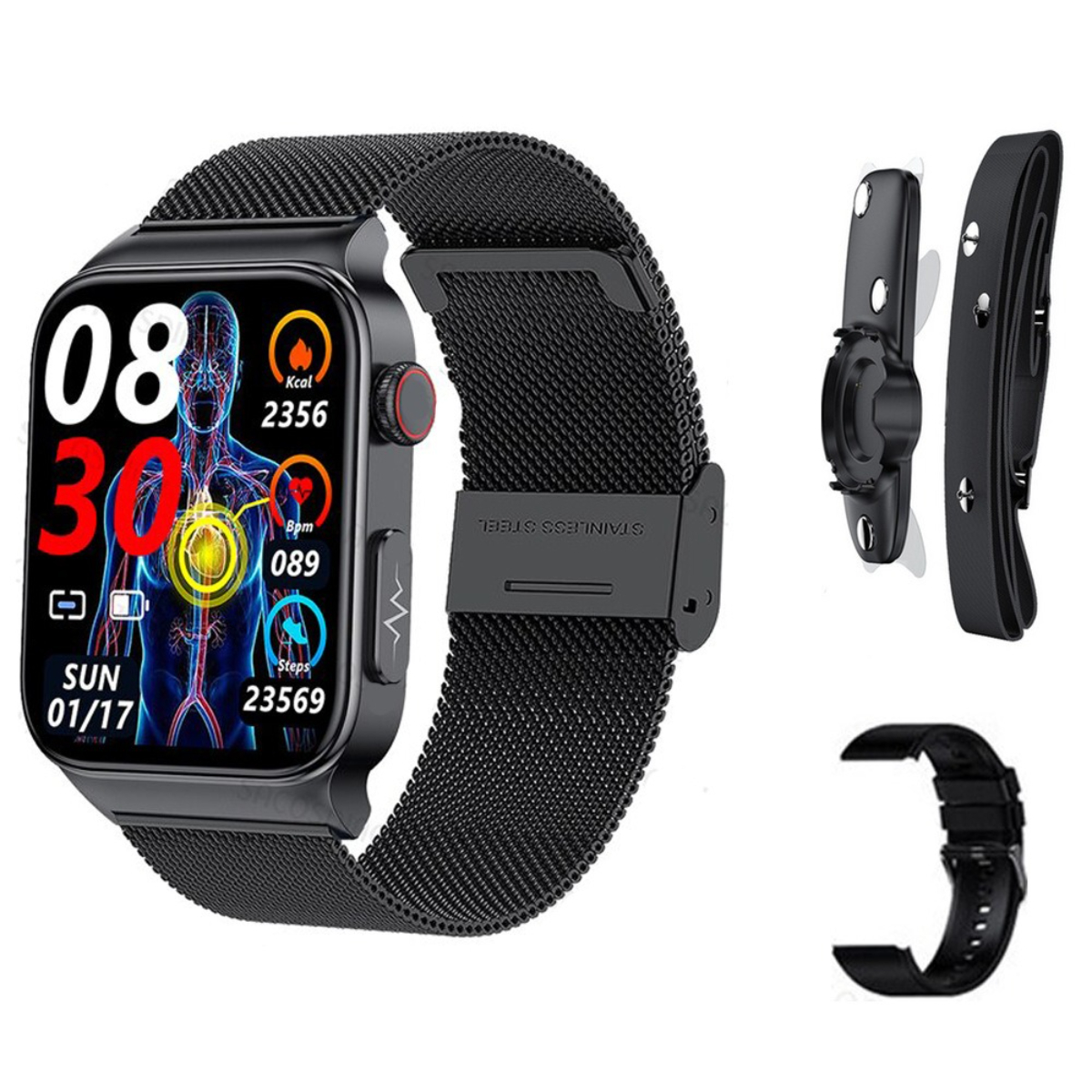 Schwarze Smartwatch mit Digitalanzeige, die Statistiken anzeigt, und zusätzlichen Armbändern. Edelstahlarmband.