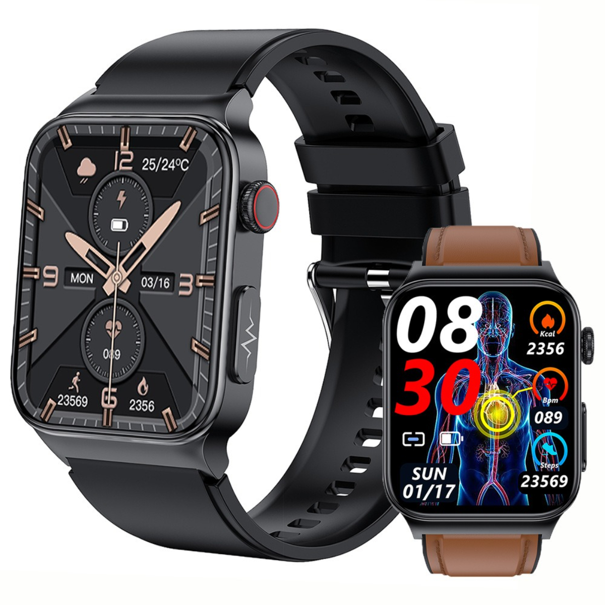 Zwei Smartwatches, schwarz und braun, zeigen Zeit und Gesundheitsmetriken.