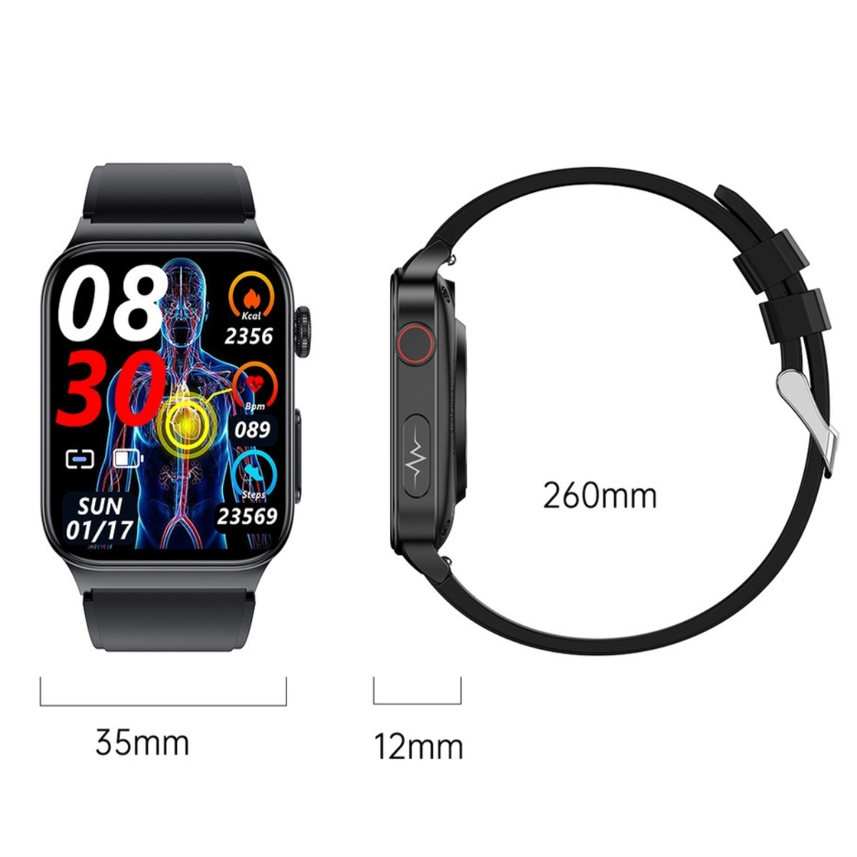 Eine schwarze Smartwatch mit Gesundheitsmetriken, mit Abmessungen, auf weißem Hintergrund.