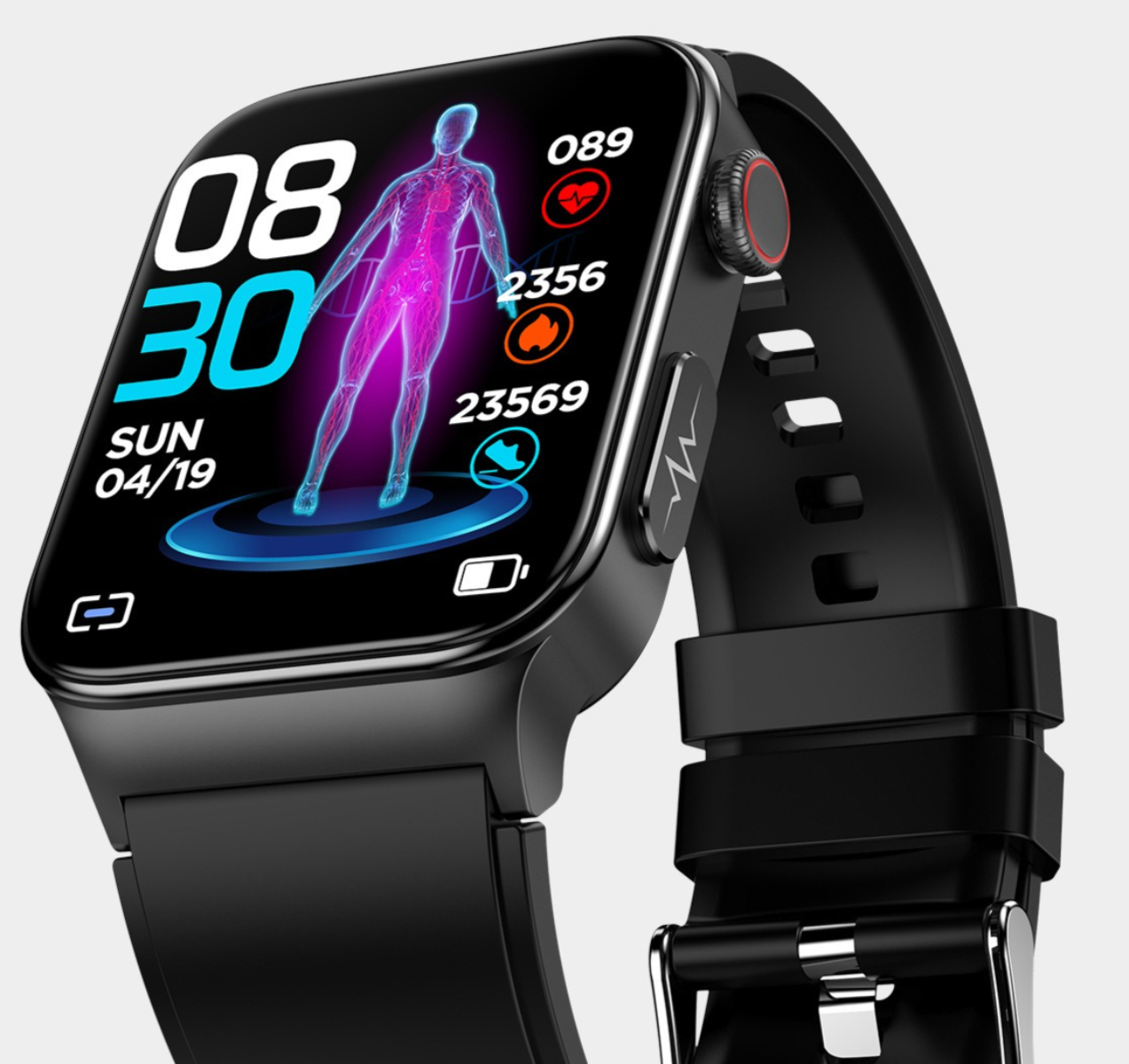 Smartwatch zeigt Zeit, Gesundheitsdaten und ein Körperdiagramm. Schwarze Uhr mit schwarzem Armband. Weißer Hintergrund.