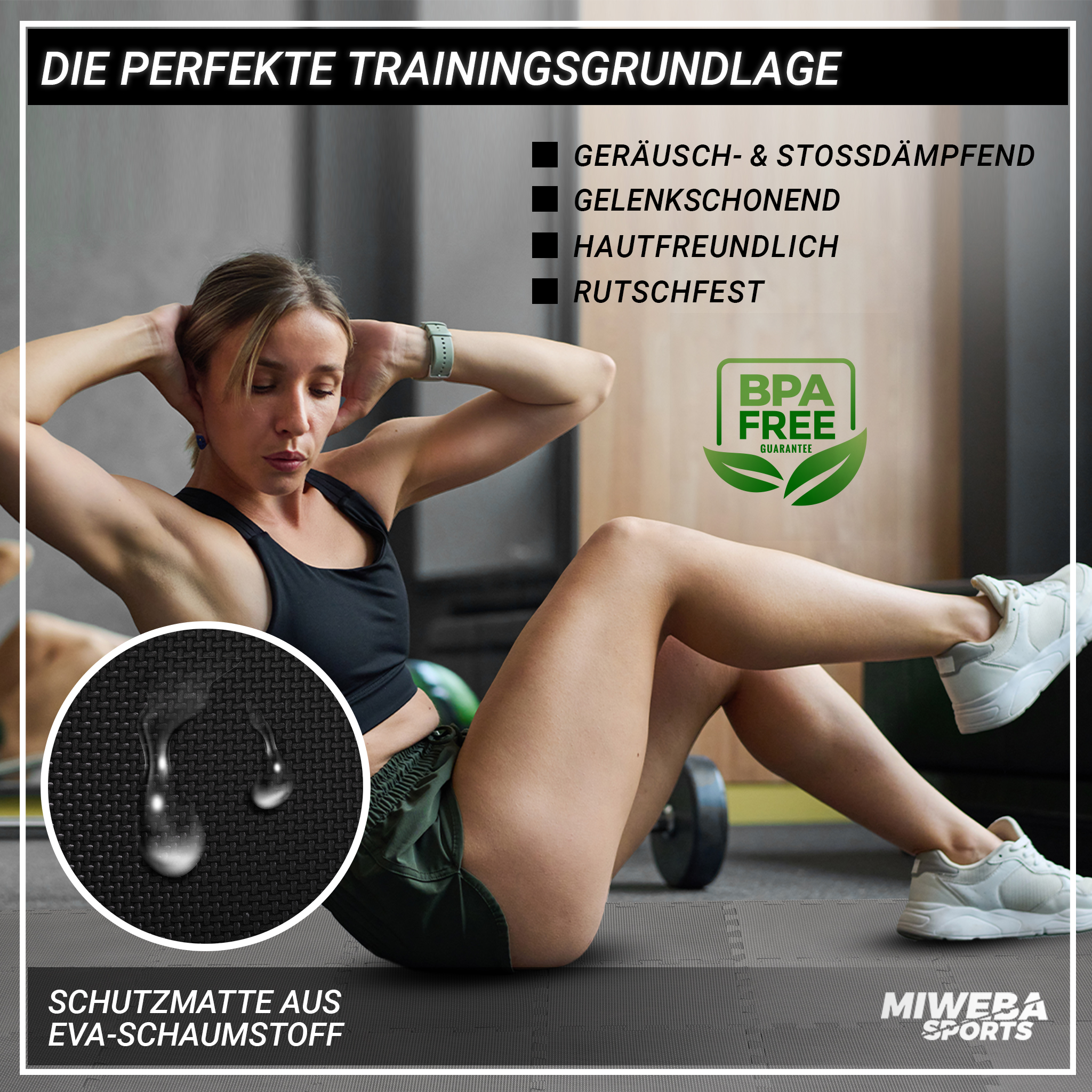 Frau trainiert auf einer schwarzen Trainingsmatte, mit Text über die Eigenschaften der Matte.