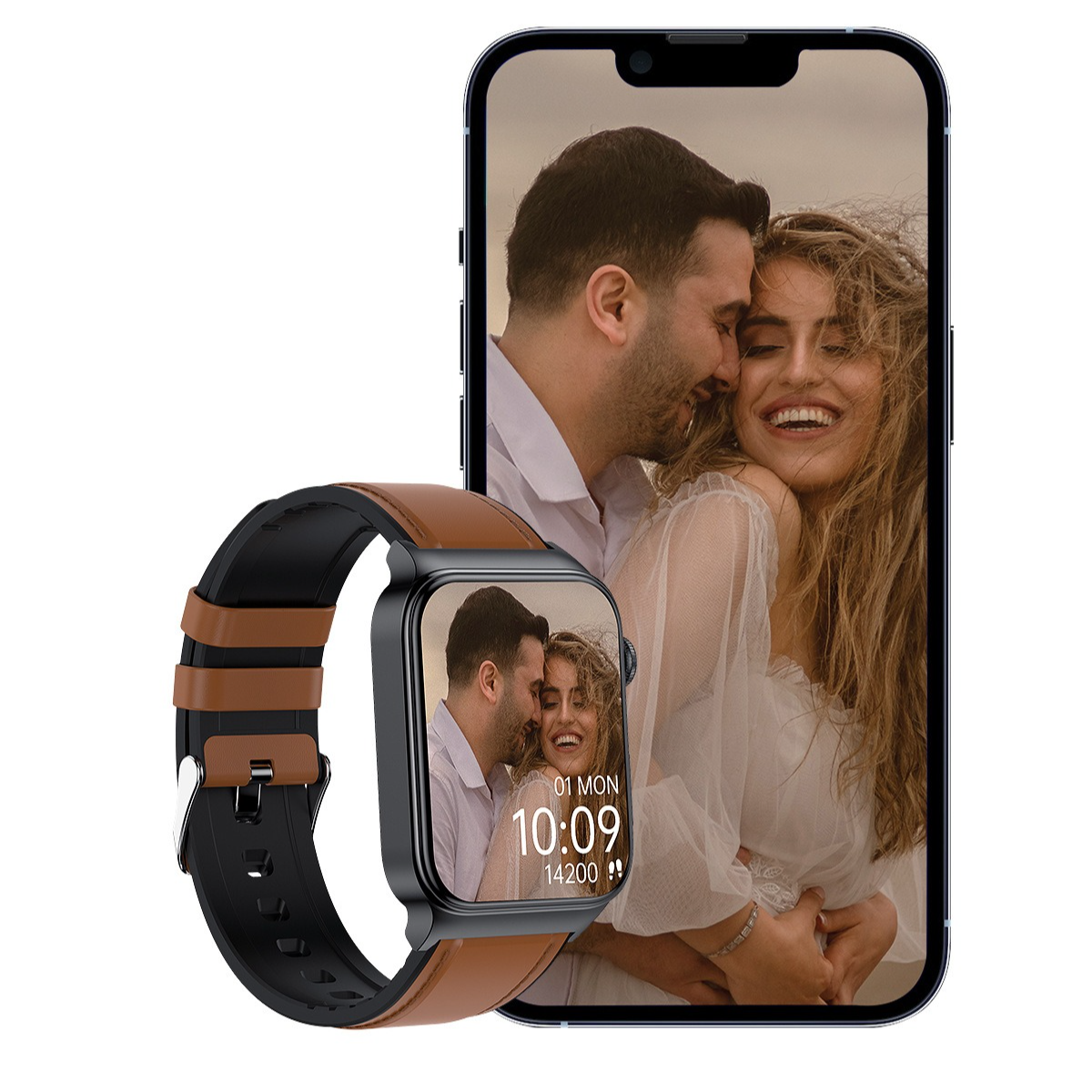 Mann und Frau lächeln. Smartwatch mit Foto des Paares. Telefon mit gleichem Bild.