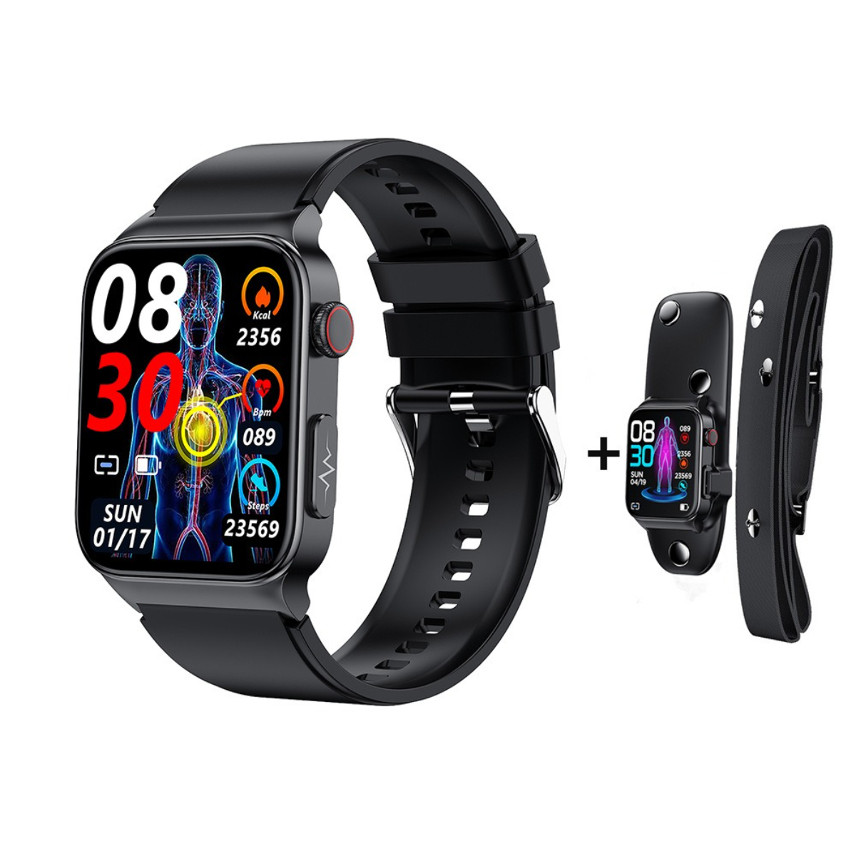 Schwarze Smartwatch mit Fitness-Tracking-Datenanzeige und separatem Herzfrequenzsensor.