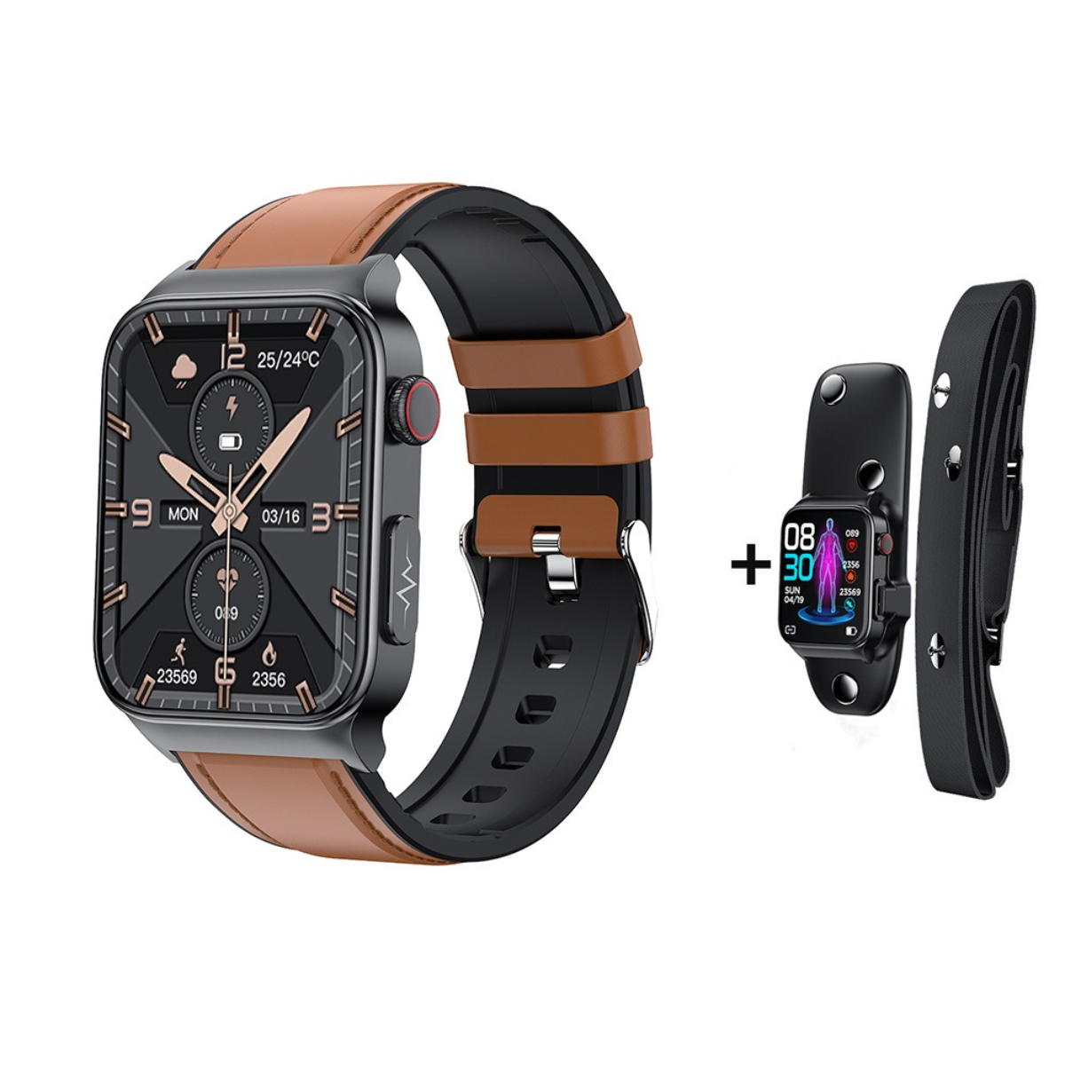 Smartwatch mit schwarzen und braunen Armbändern sowie Herzfrequenzmesser. Der Bildschirm zeigt Daten.