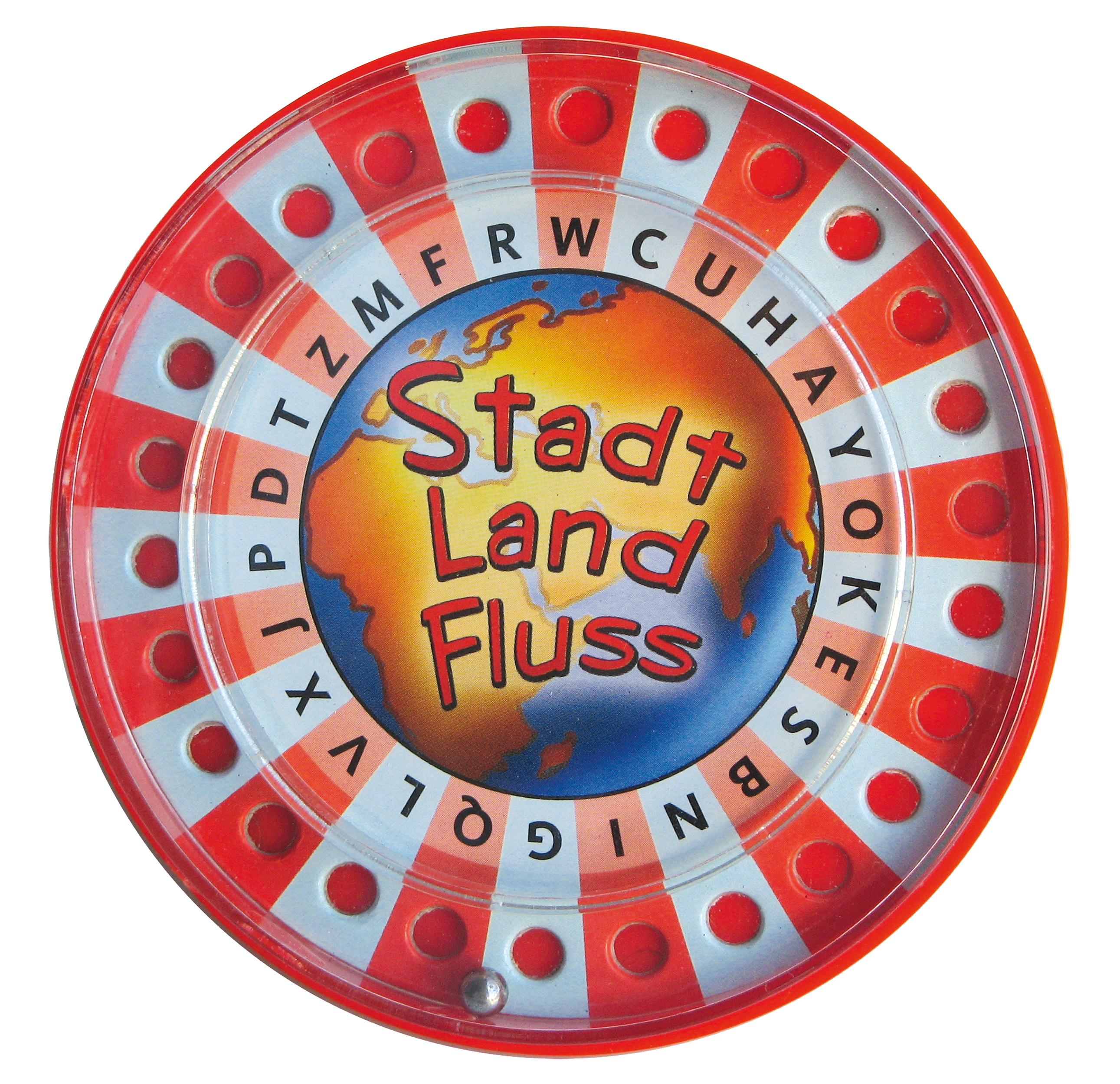 Rotes Spiel mit Buchstaben, Globus und kleiner silberner Kugel.