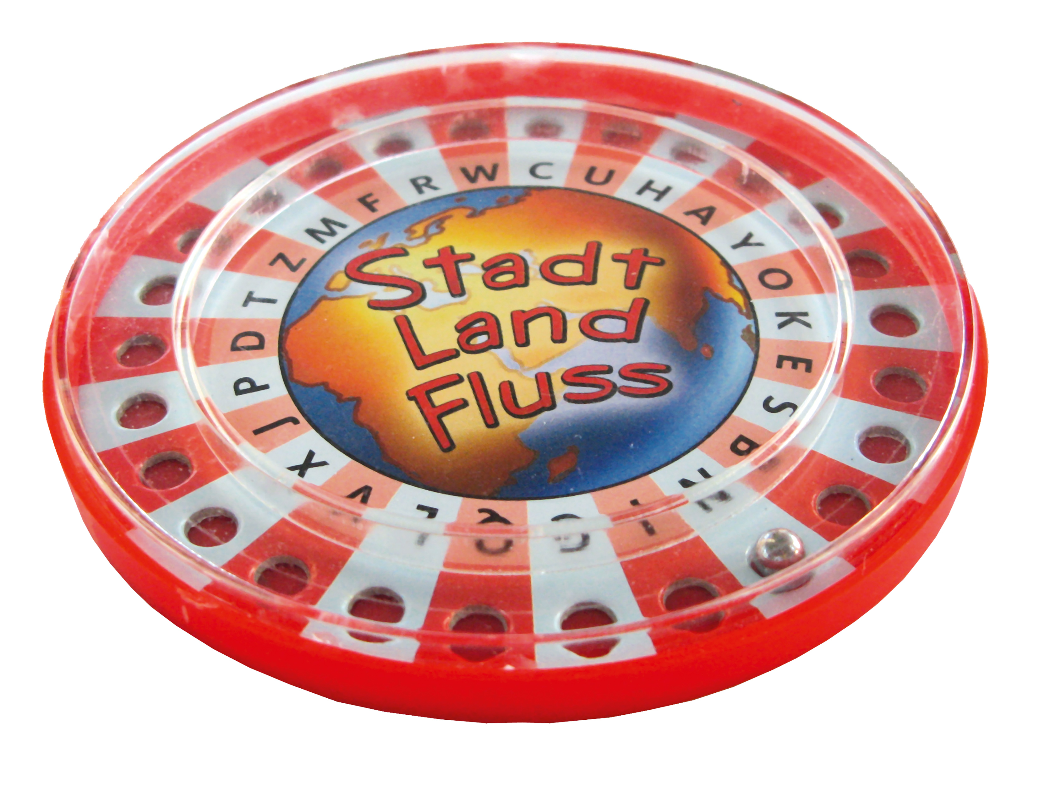 Ein rotes, kreisförmiges Brettspiel mit Buchstaben und den Wörtern "Stadt Land Fluss" und einem Globus.