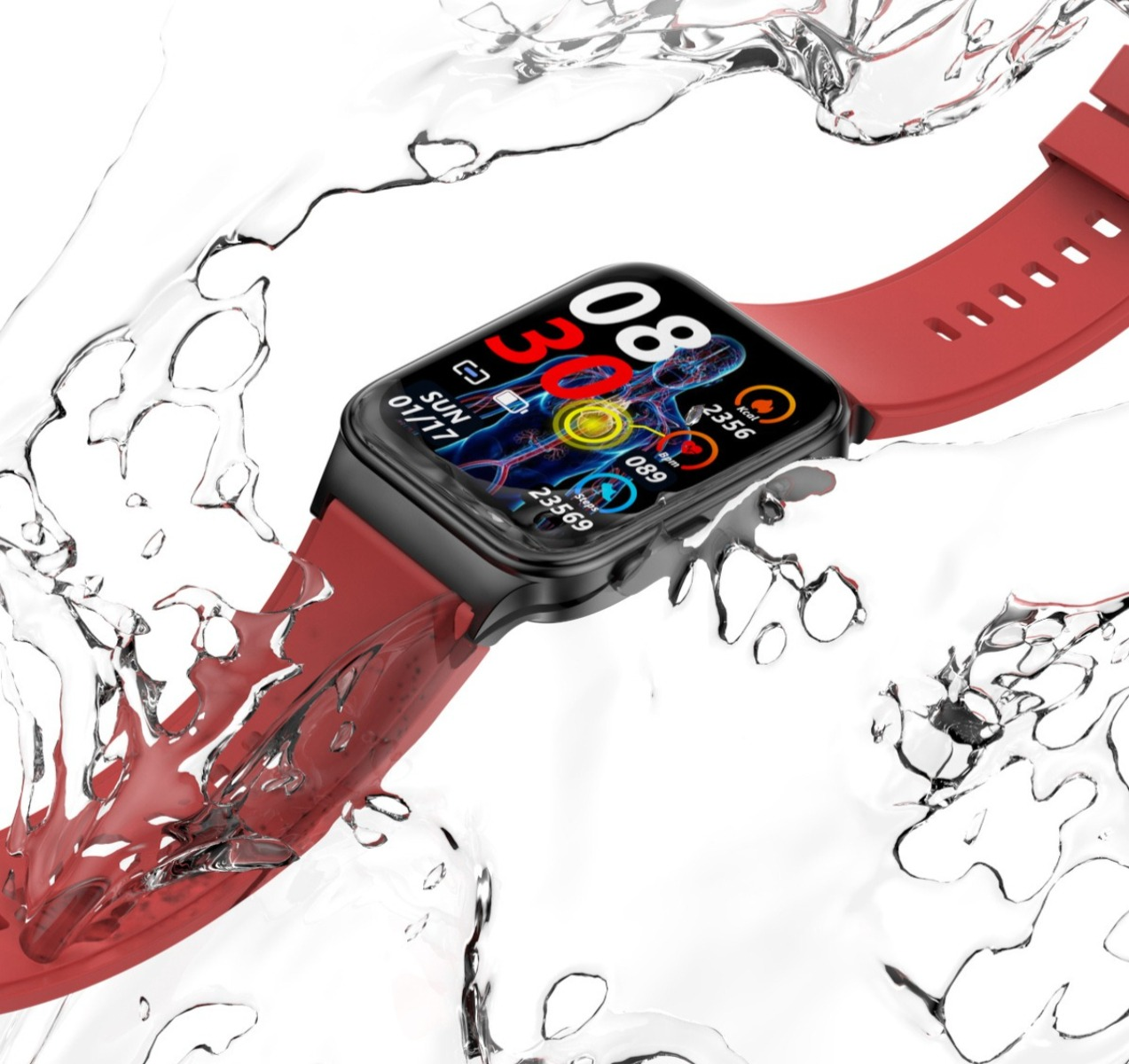 Eine rote Smartwatch mit schwarzem Bildschirm, umgeben von Wasserspritzern. Sie zeigt Gesundheitsmetriken.