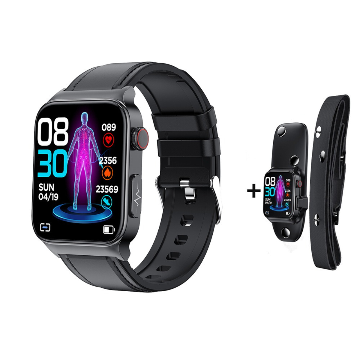 Schwarze Smartwatch mit Zweitgerät und Armband. Zeigt Gesundheitsdaten und Uhrzeit an.