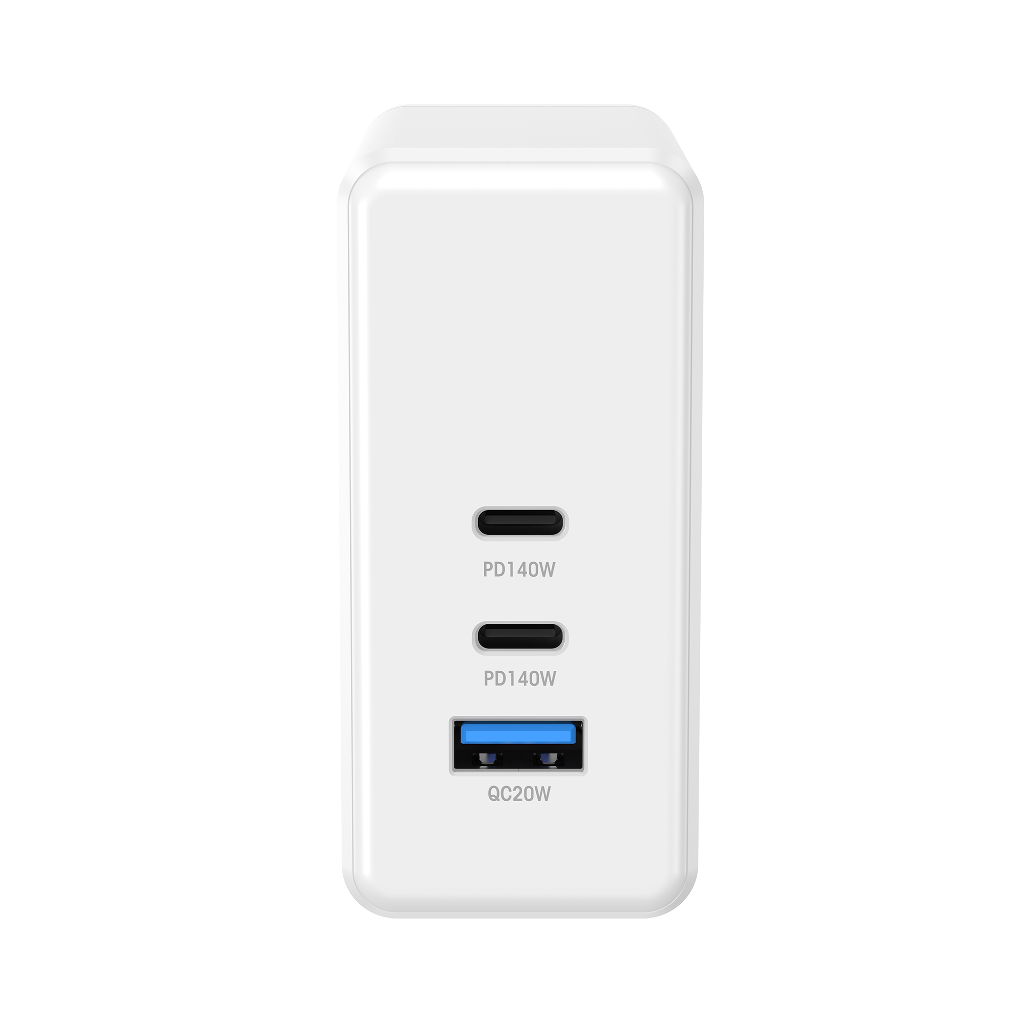 Weißes Netzteil mit zwei PD140W-Anschlüssen und einem QC20W-Anschluss.