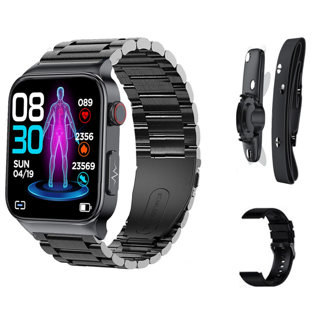 Smartwatch mit schwarzem Metallarmband. Zeigt Zeit, Datum, Gesundheitsdaten an. Inklusive zusätzlicher Armbänder.