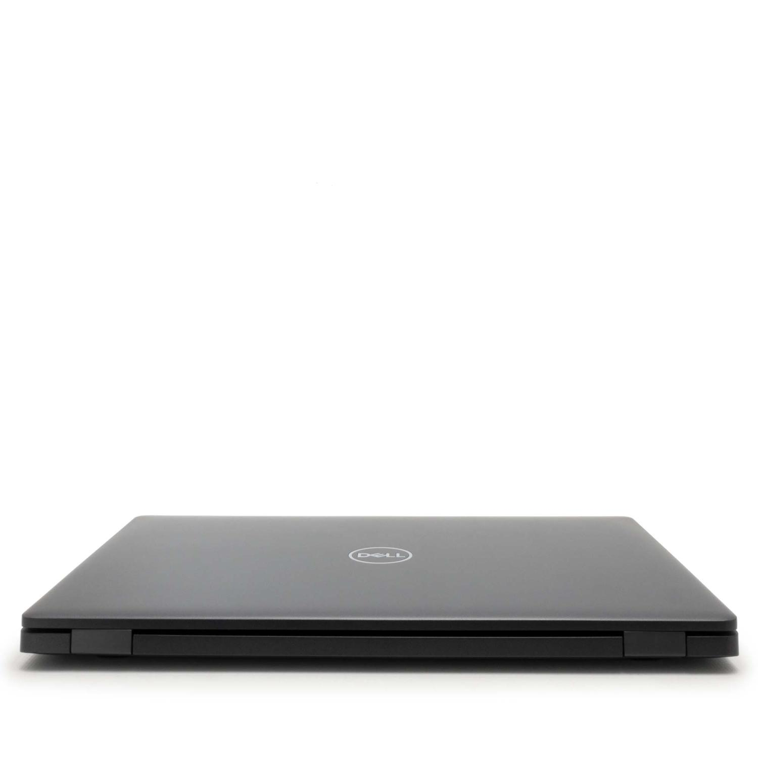 Geschlossener schwarzer Laptop. Das Dell-Logo ist sichtbar. Weißer Hintergrund.
