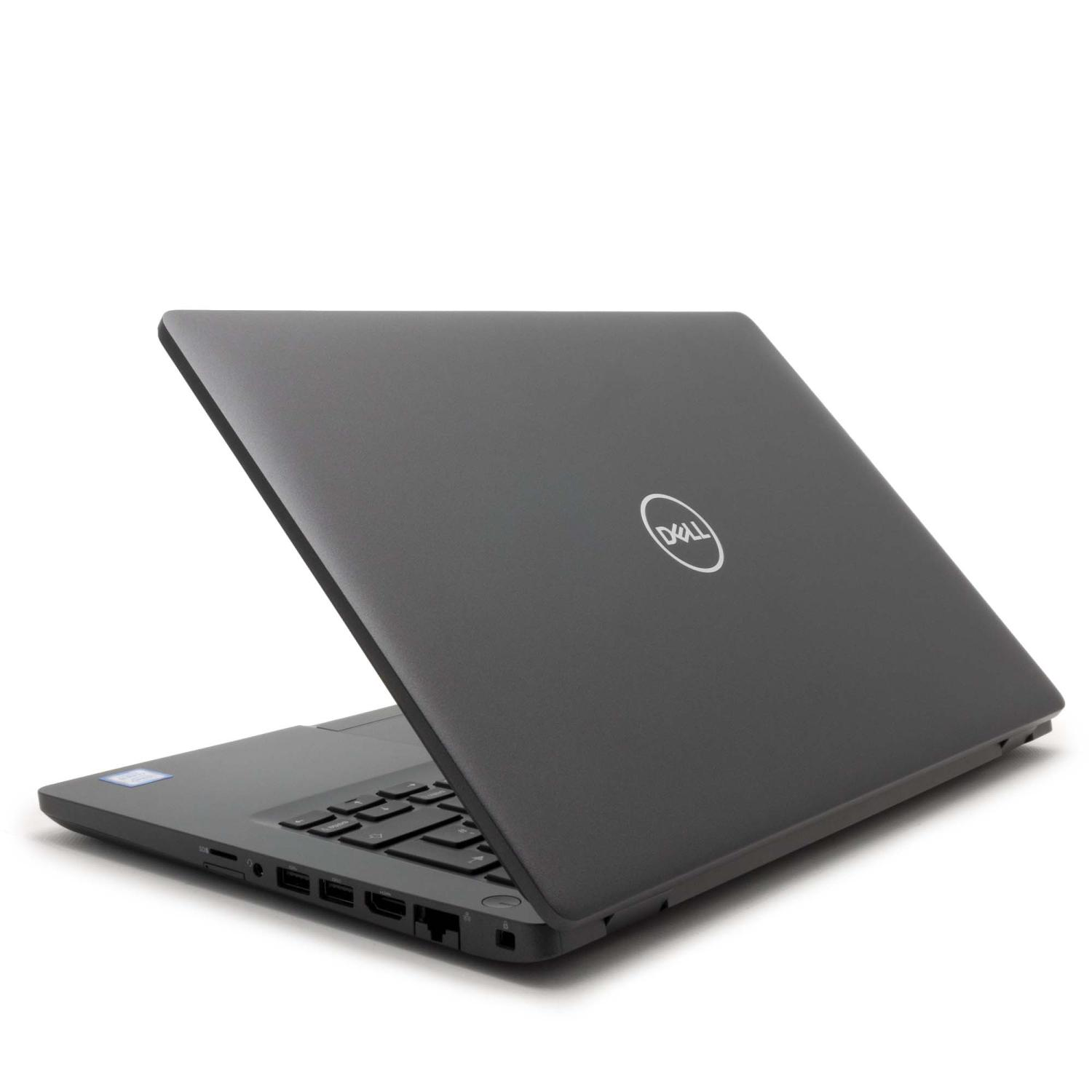Ein dunkelgrauer Dell Laptop, geöffnet, auf weißem Hintergrund.