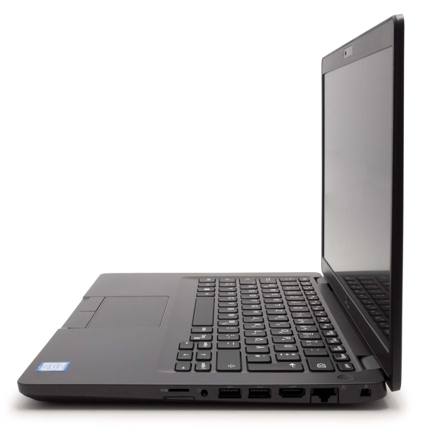 Schwarzer Laptop, Seitenansicht, geöffnet. Tastatur sichtbar, Bildschirm angewinkelt, weißer Hintergrund.