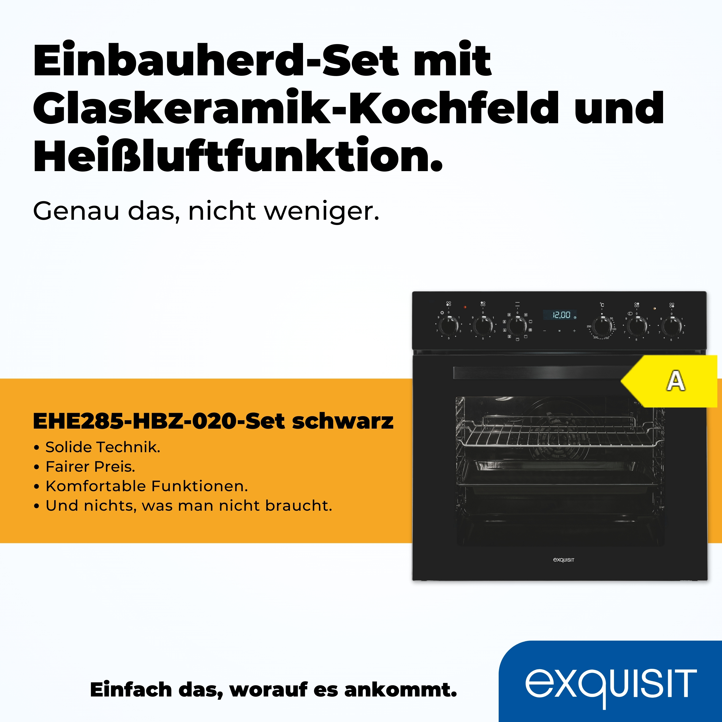 Schwarzer Einbaubackofen mit Glaskeramikkochfeld. Text: 'EHE285-HBZ-020-Set schwarz' und 'A' Label.